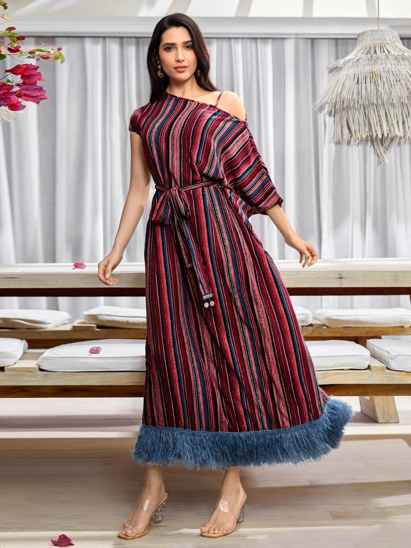 SHEIN Modely Striped Print Asymmetrical Neck Fringe Hem Belted Dress