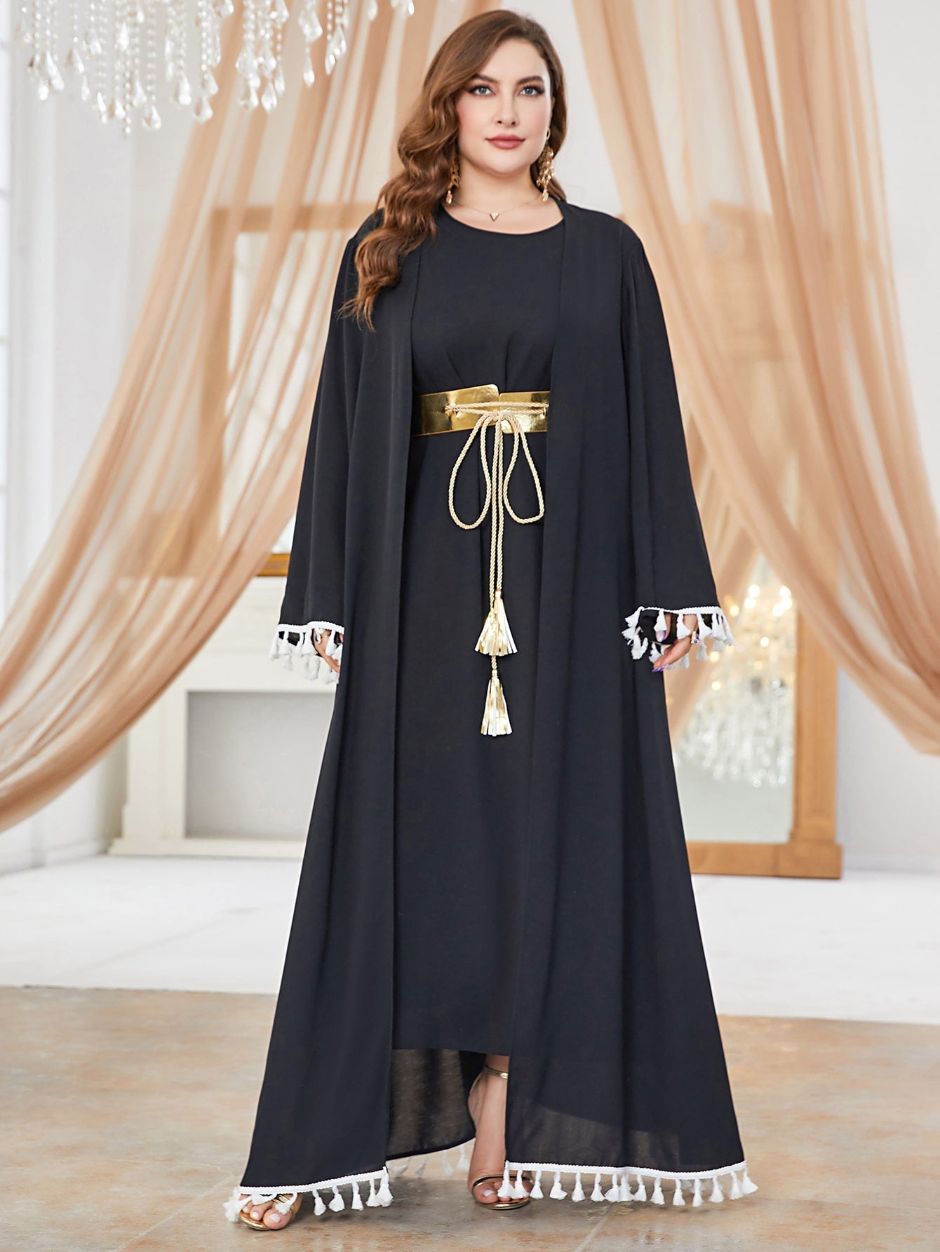 SHEIN Najma plus Tassel Trim Belted Coat & Dress Set