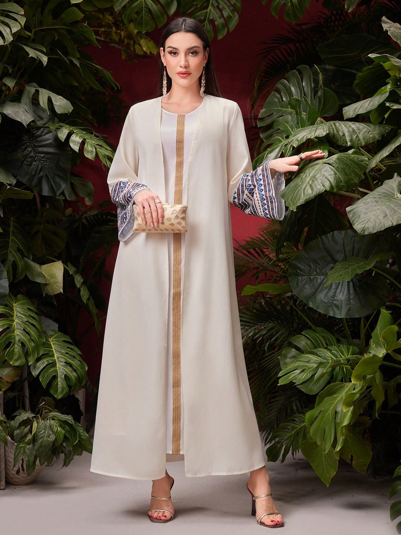 SHEIN Najma Women'S Arabian Abaya with Geometric Pattern and Gold Tape