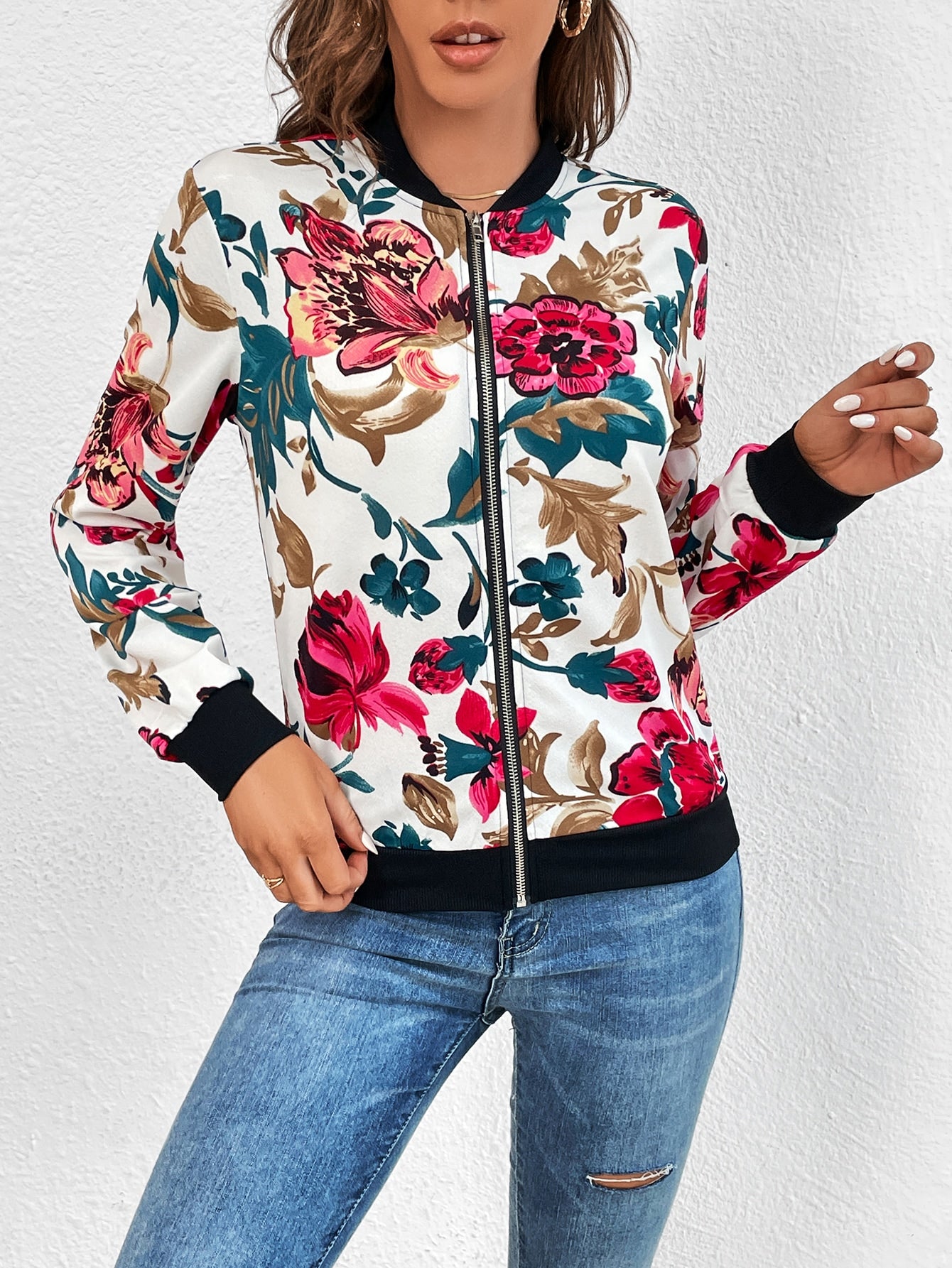 SHEIN Tall Floral Print Zip up Bomber Jacket
