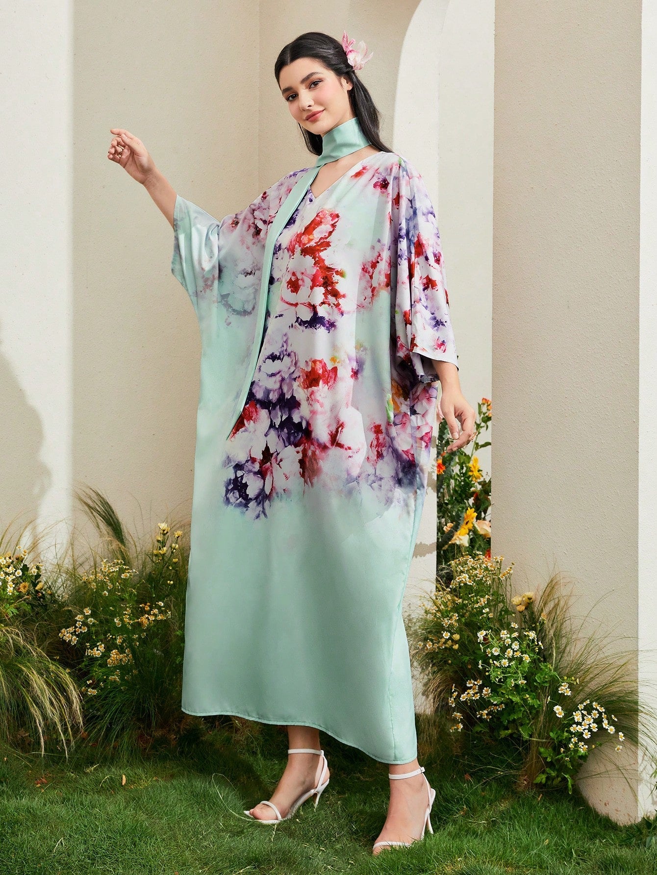 SHEIN Najma Floral Print Batwing Sleeve Dress with Scarf