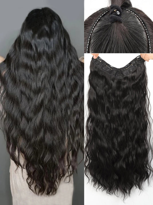 Synthetic Long Wave V-Shaped Hair Extension 4 Clips Hairpiece Heat Resistant Water Ripple Fake Hair Hairpiece for Women