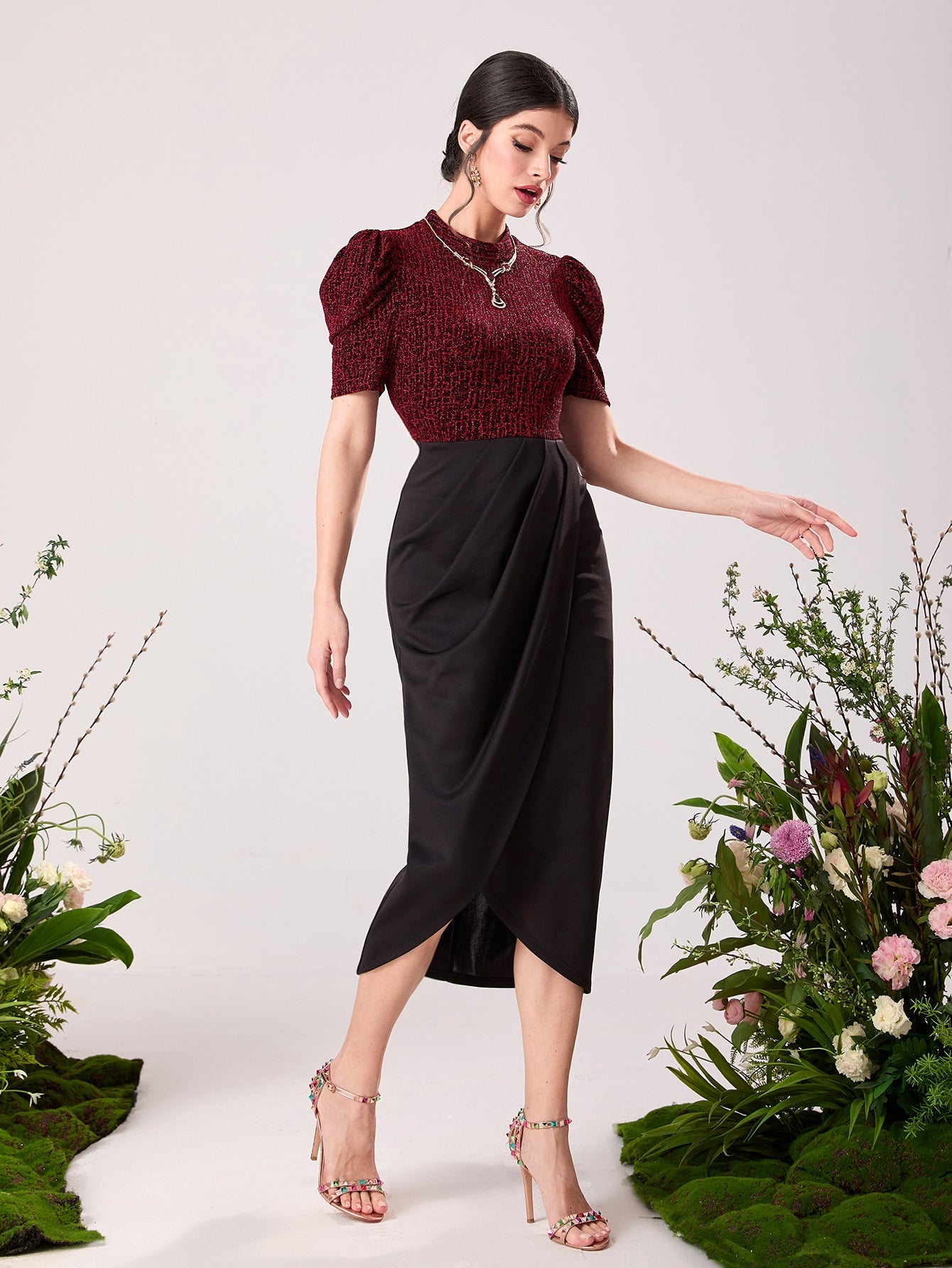 SHEIN Modely Puff Sleeve Wrap Hem Glitter Dress