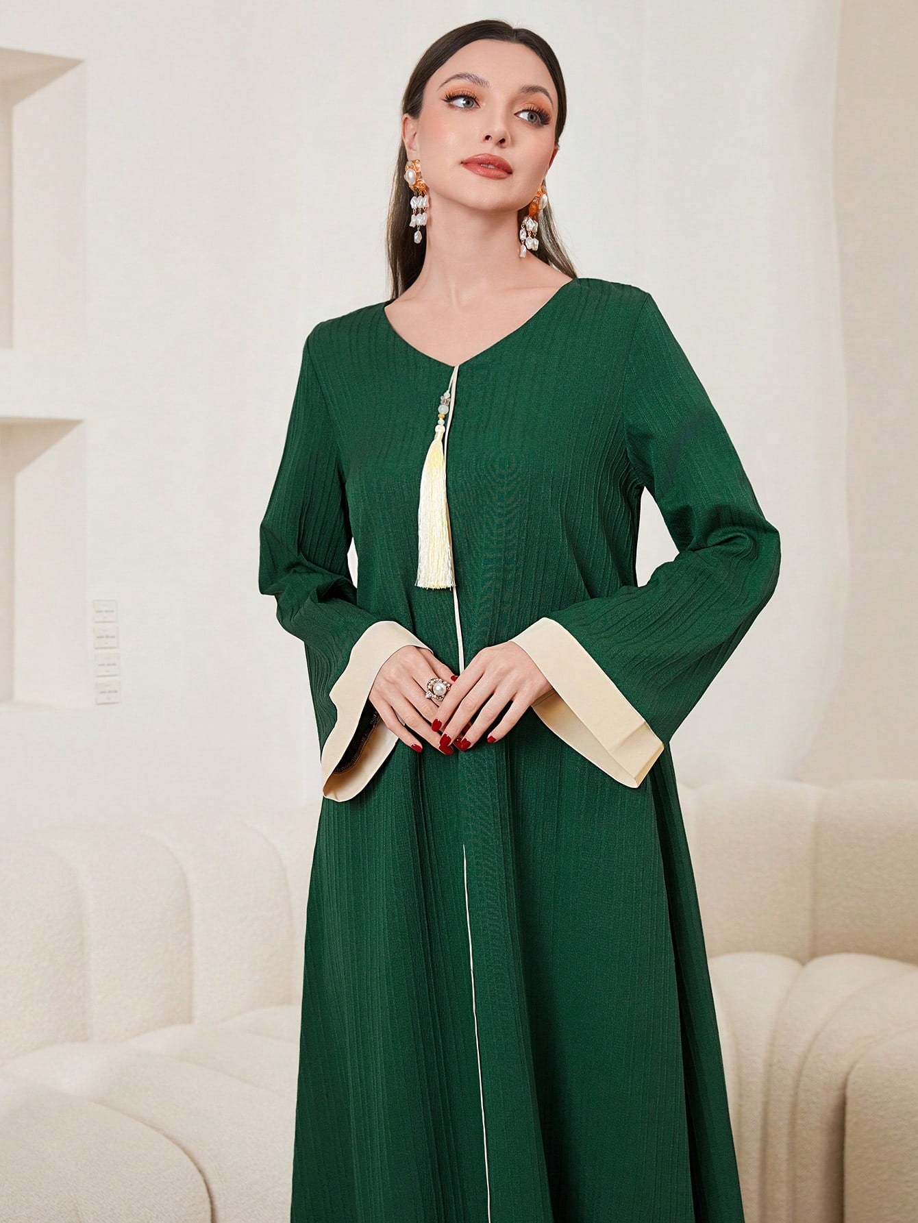 SHEIN Najma Green V-Neck Contrast Binding Dress