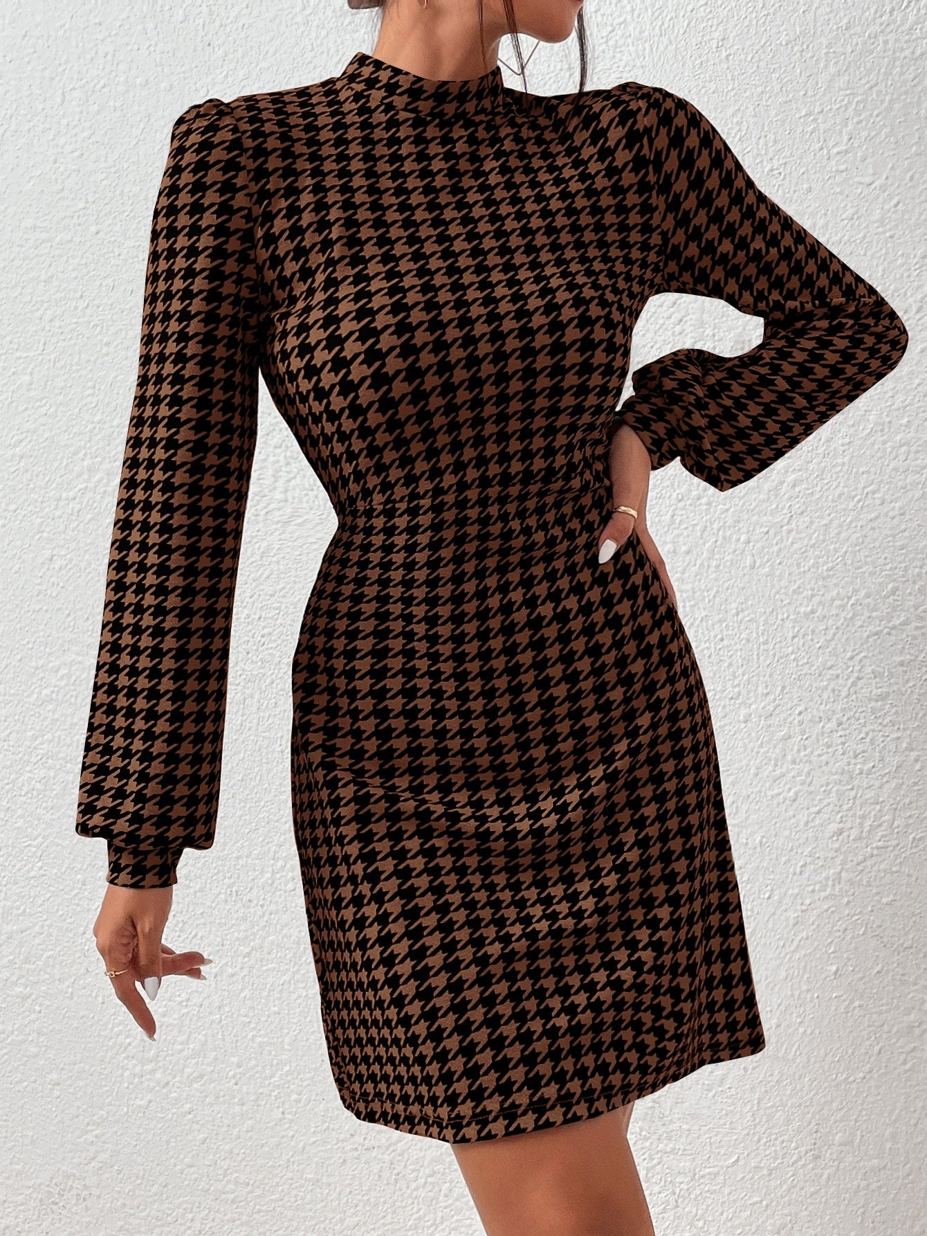 SHEIN Privé Houndstooth Print Mock Neck Lantern Sleeve Dress