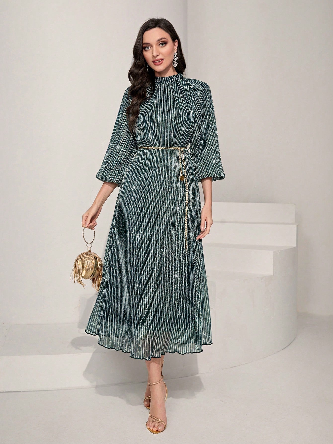 SHEIN Modely Mock Neck Lantern Sleeve Belted Dress