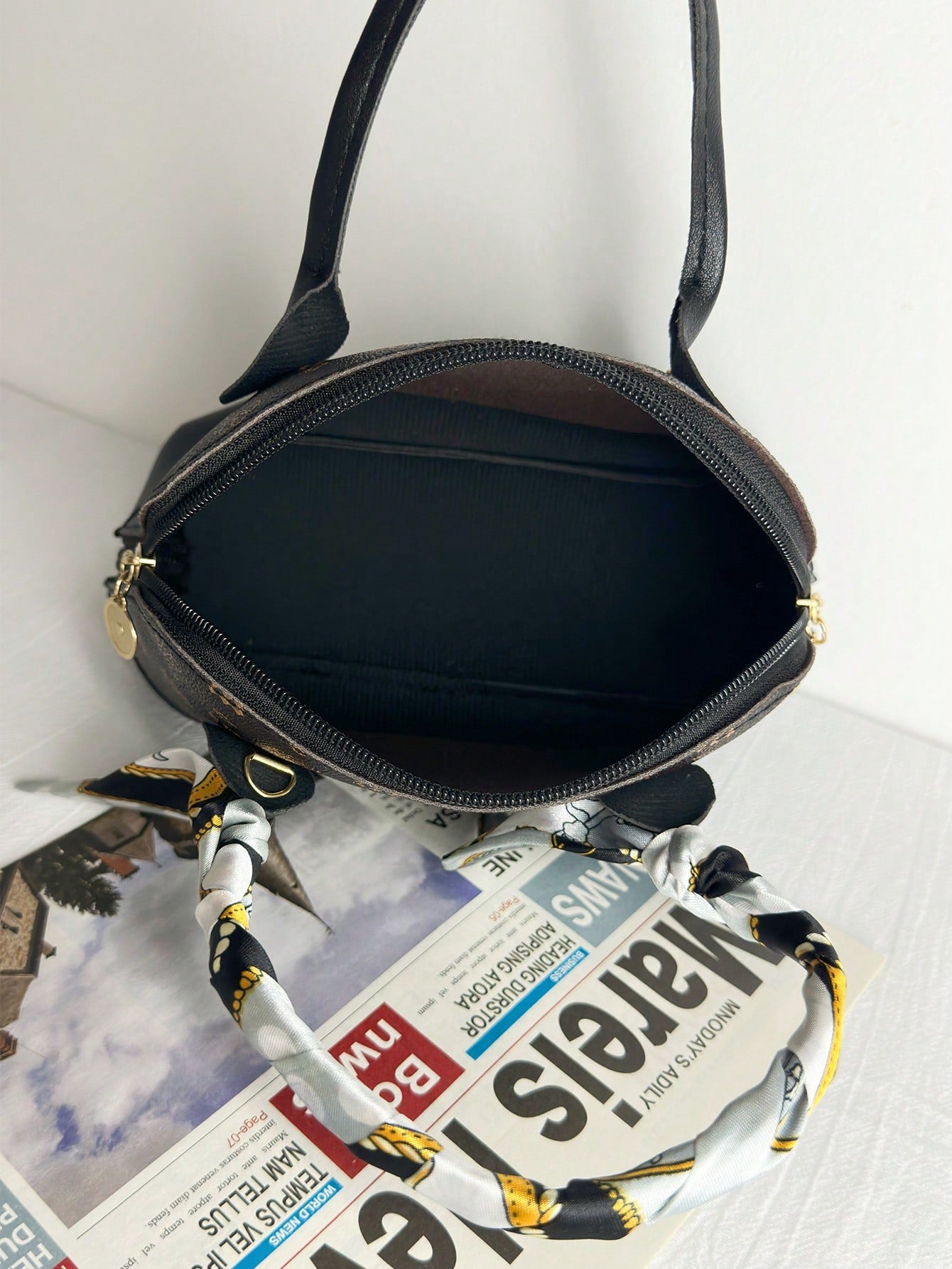 1Pc Mini Geometric Print Handbag with Coffee Scarf Handle and Chain Strap