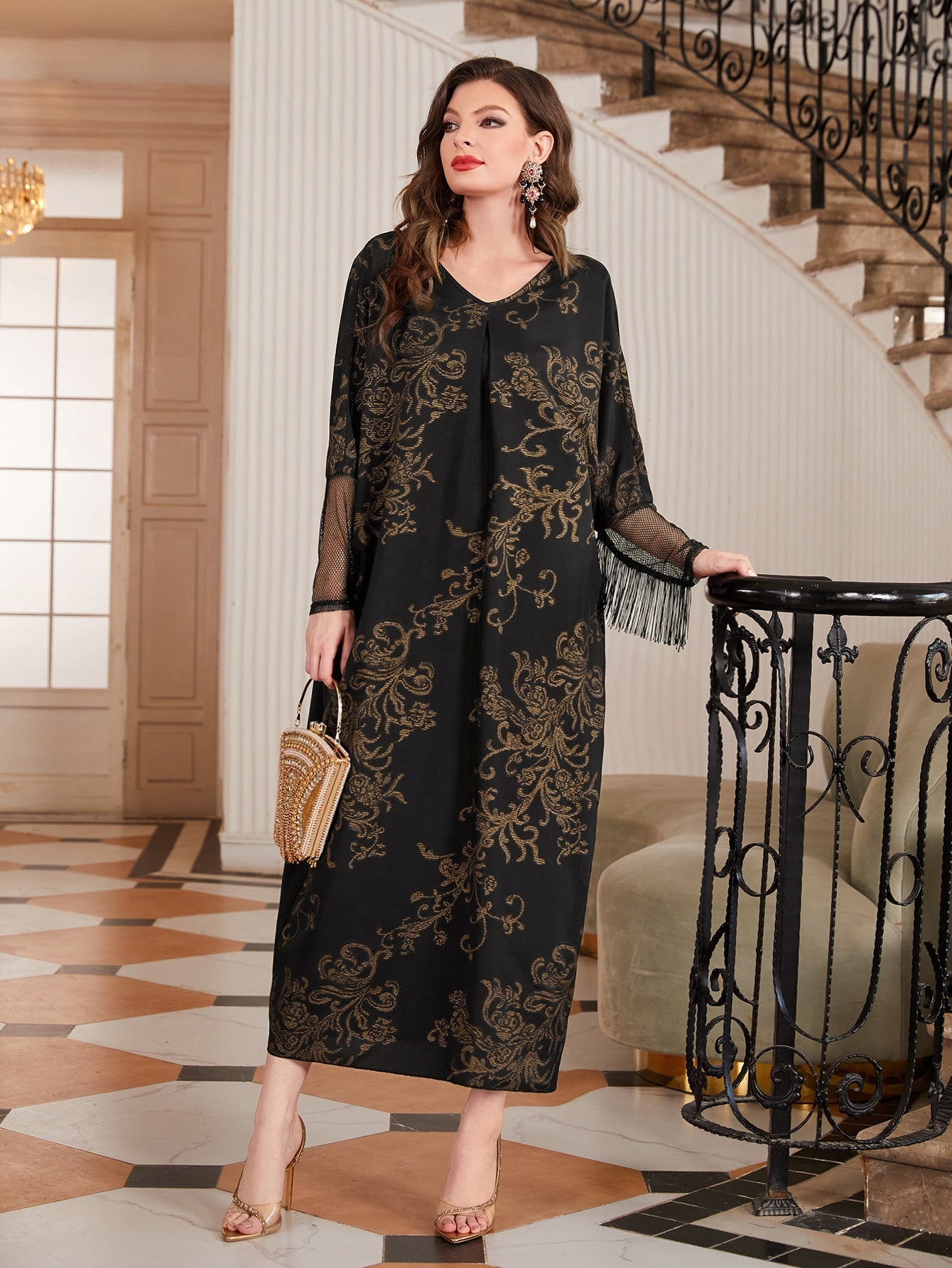 SHEIN Najma Floral Print Fringe Trim Batwing Sleeve Kaftan