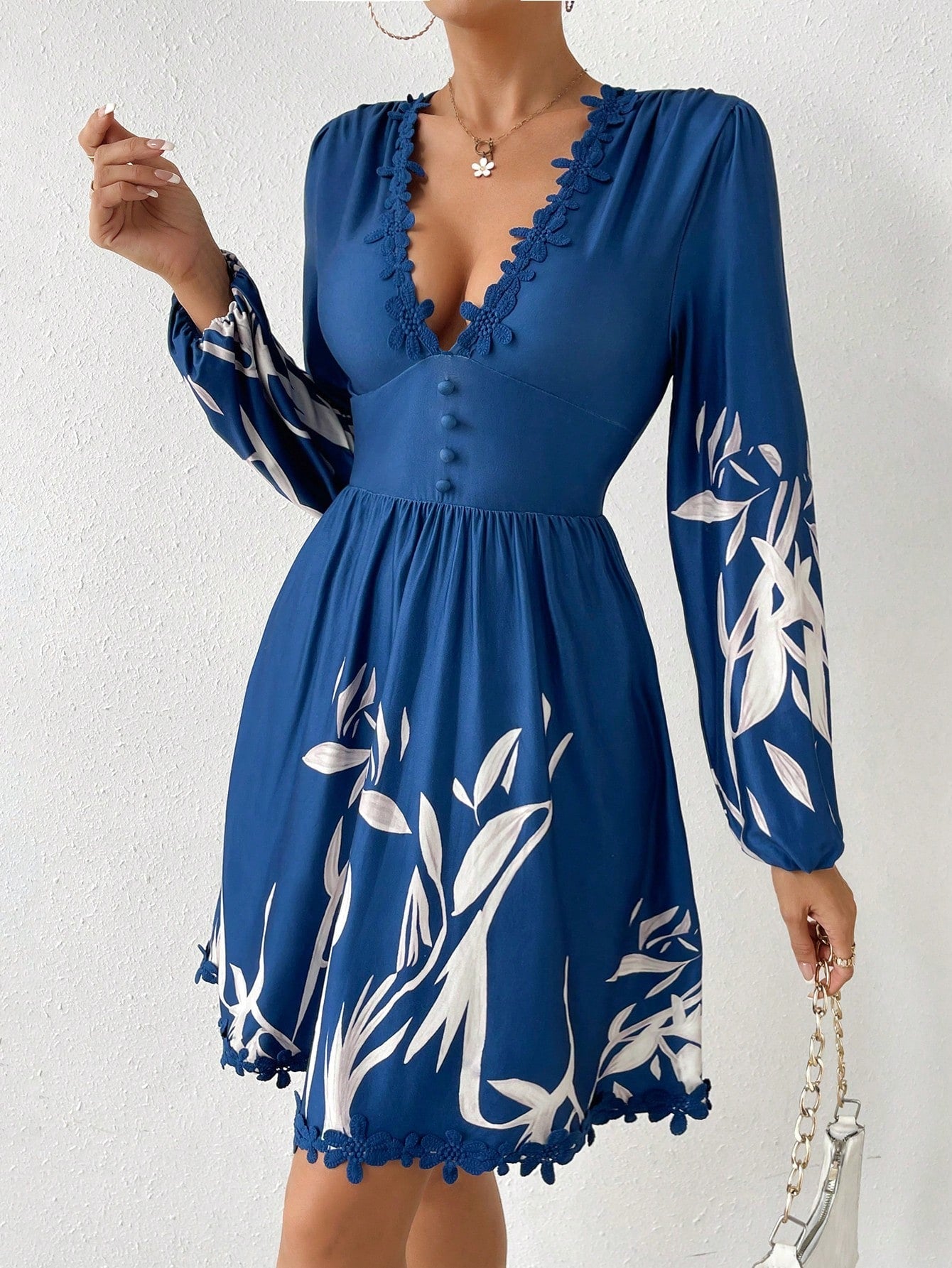 SHEIN VCAY Plants Print Guipure Lace Trim Lantern Sleeve Dress