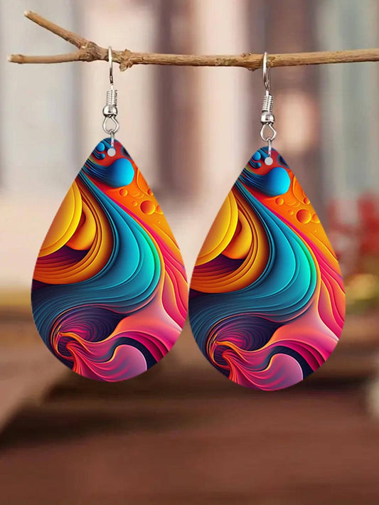 1 Pair Double Sided Rainbow Print Water Drop Wooden Hook Earrings for Women