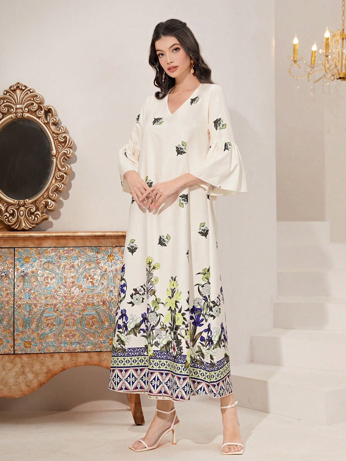 SHEIN Najma Floral Print Flounce Sleeve Dress