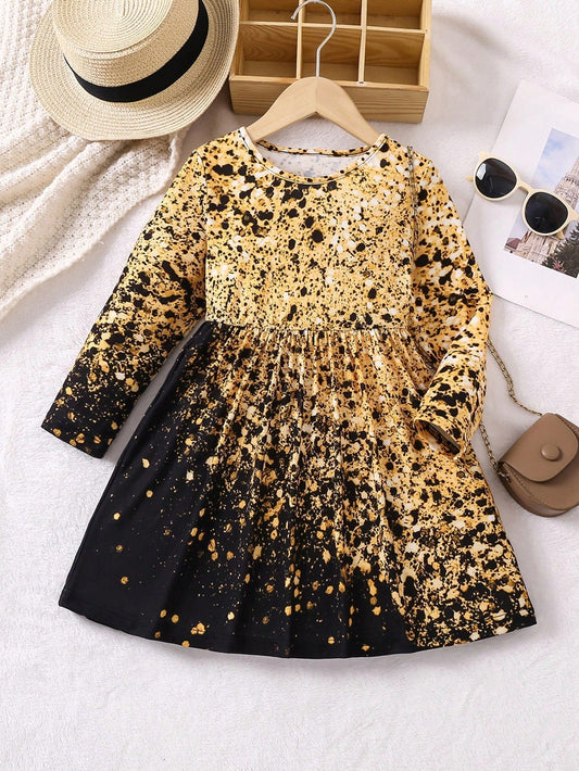 Little Girls' Full Print round Neck Long Sleeve Dress