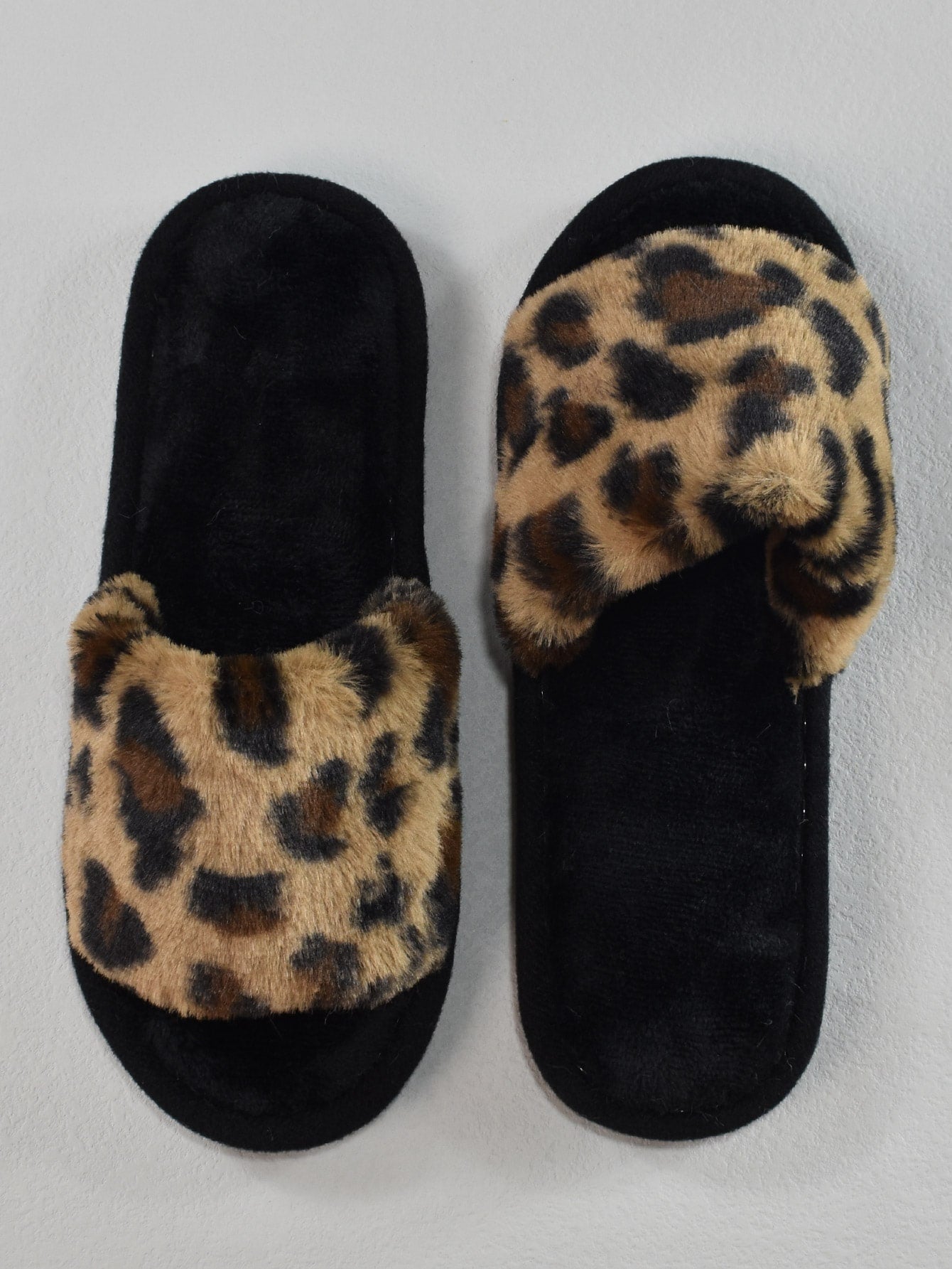 Women Leopard Pattern Fuzzy Bedroom Slippers, Fashionable Open Toe Home Slippers
