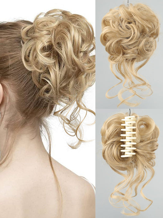 Synthetic Messy Curly Claw Hair Bun Chignon Hair Extensions Scrunchy Fake False Golden Yellow Hair with Tail for Women Hairpieces
