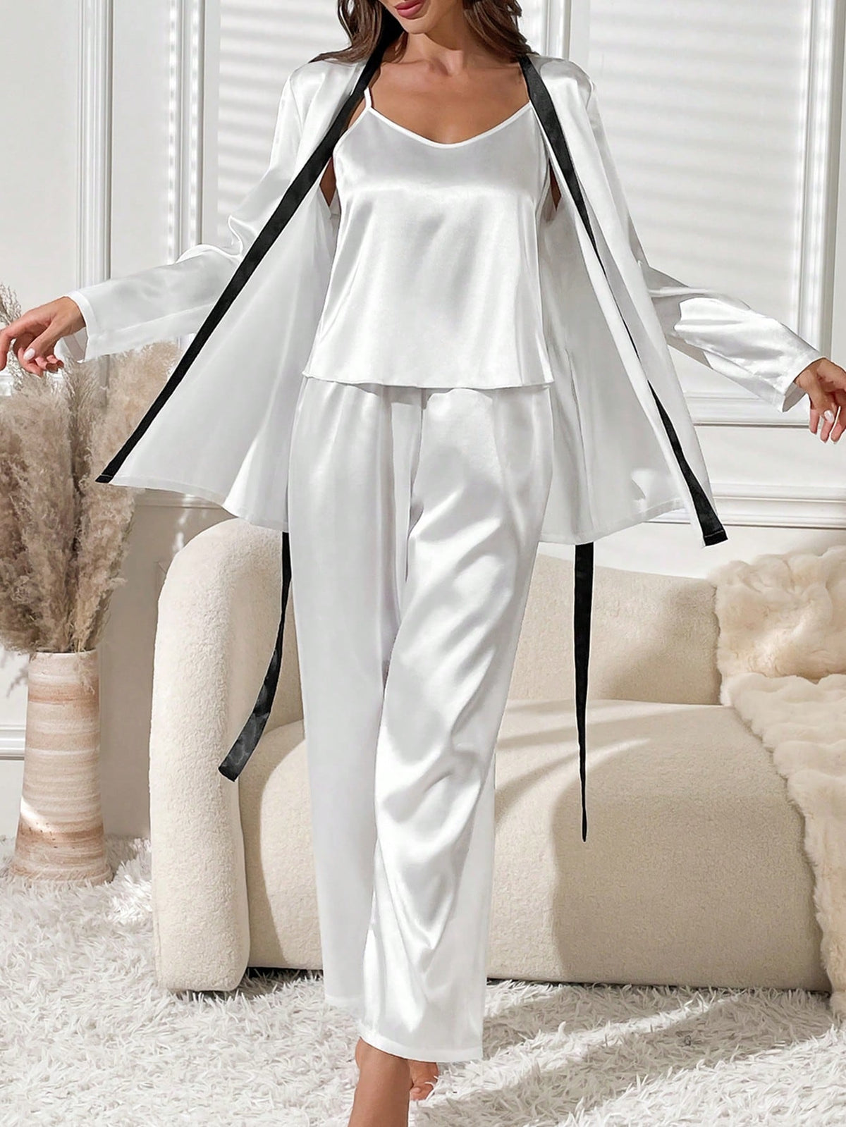 3Pcs Satin PJ Set with Belt