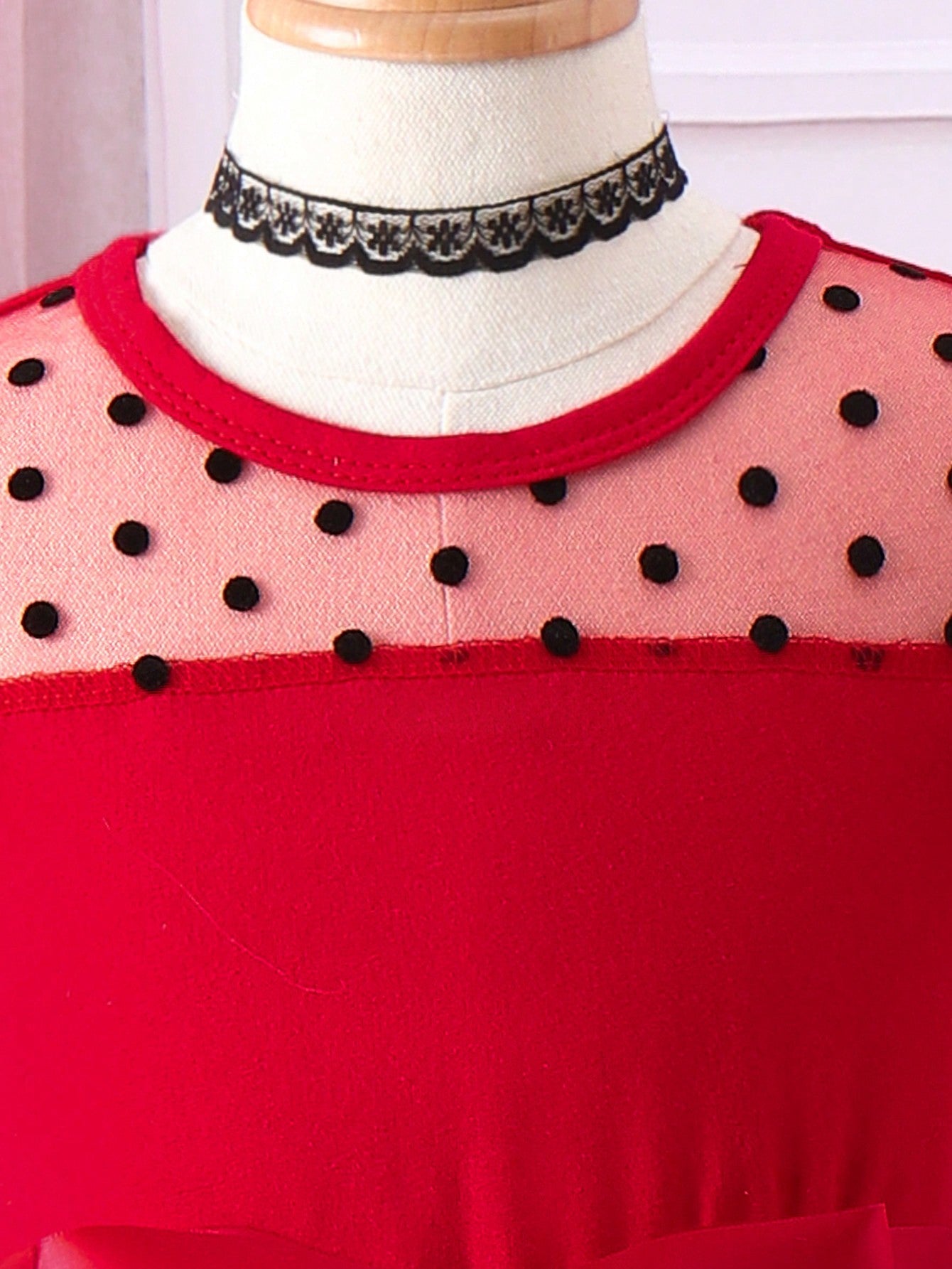 SHEIN Kids EVRYDAY Little Girls' Polka Dot Mesh Flying Sleeve Dress with Belt for Spring