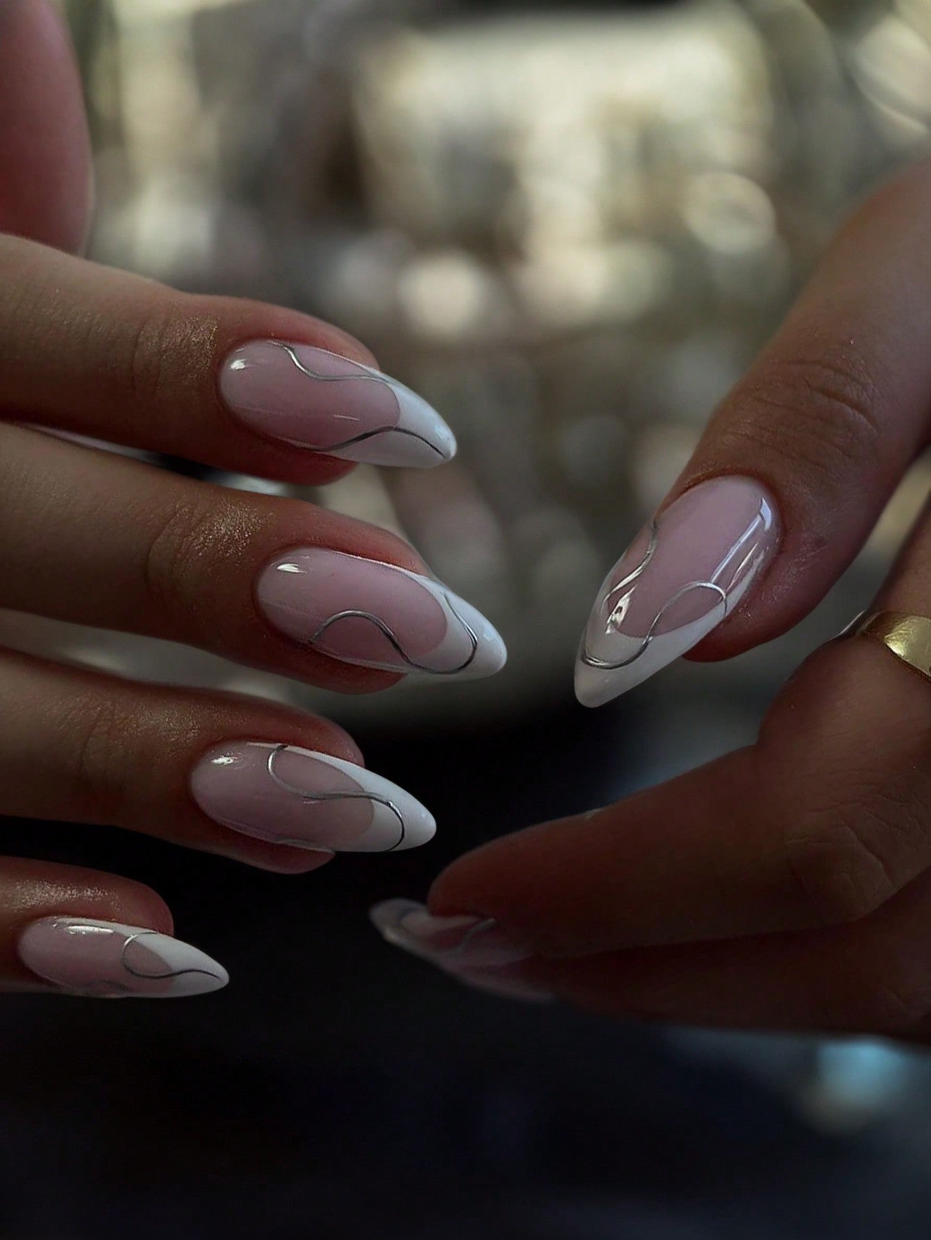 24 Pcs Pink Almond Press on Nails White French Press on Nails Gray Stripe Decoration Cute Press on Nails for Women and Girls