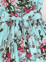 Teen Girls Floral Print Butterfly Sleeve Pleated Hem Belted Dress