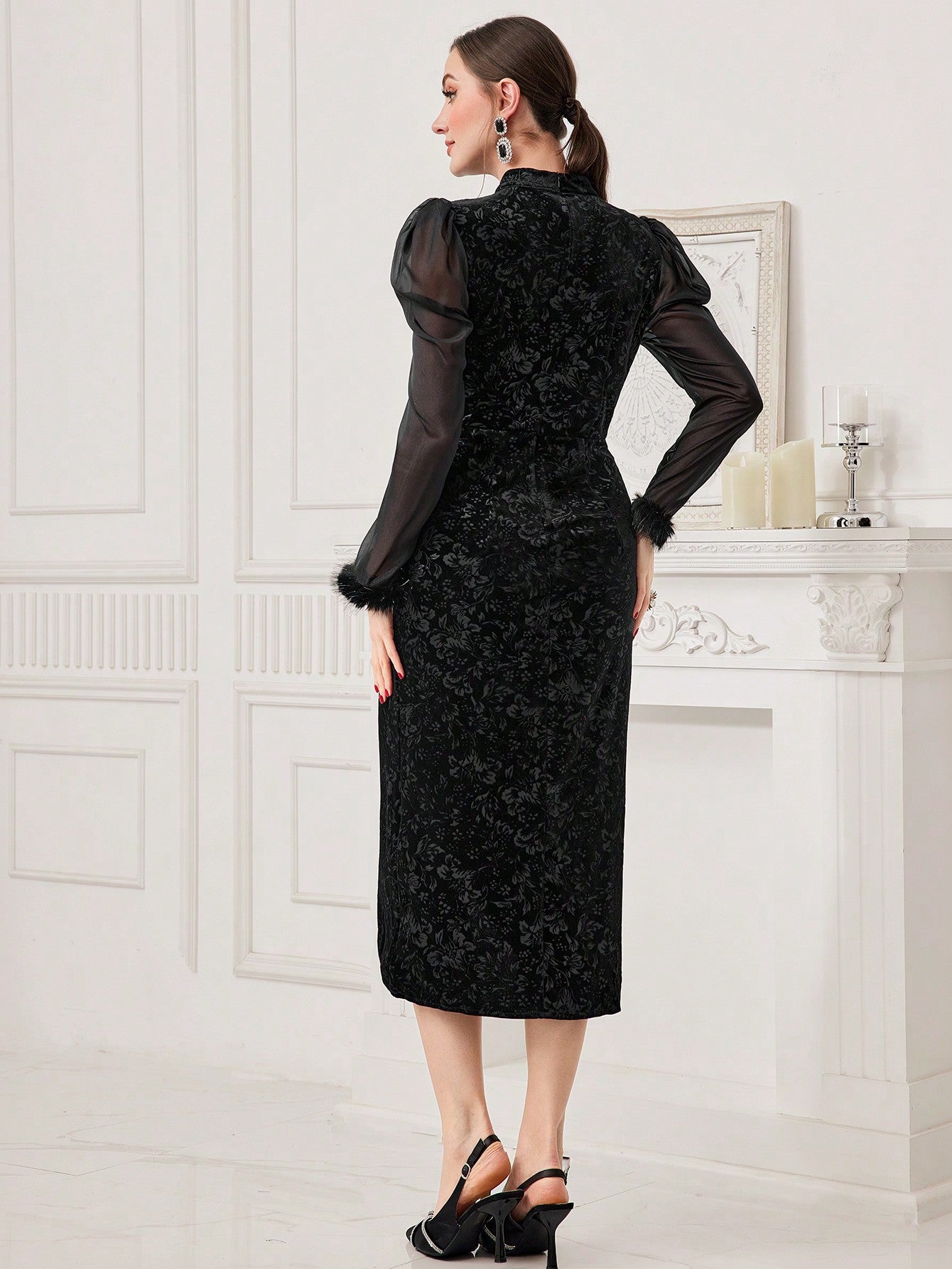 SHEIN Modely Patchwork Mesh & Floral & Jacquard & Plush Sleeve Cuff Sweater Dress