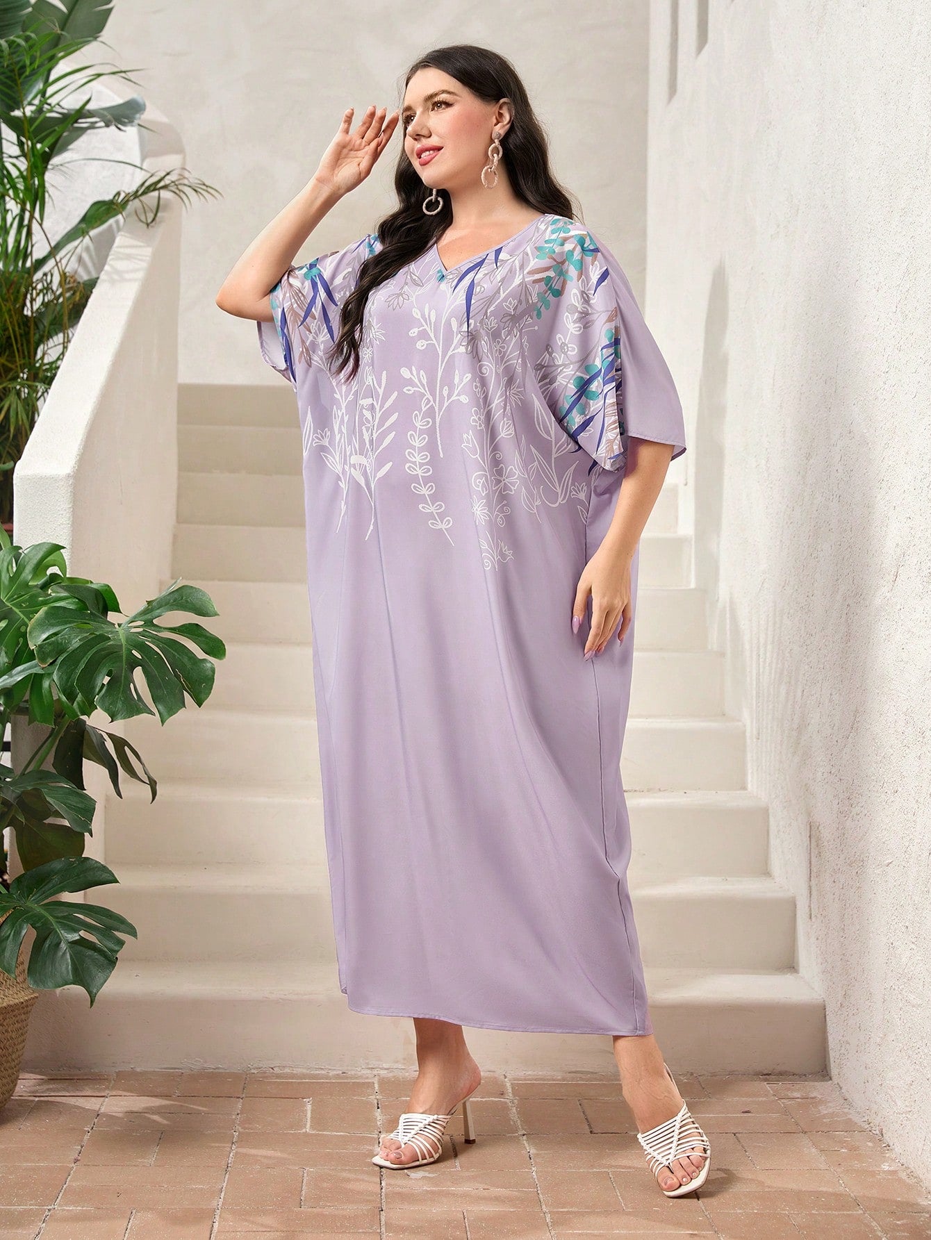 SHEIN Mulvari plus Floral Print Batwing Sleeve Dress