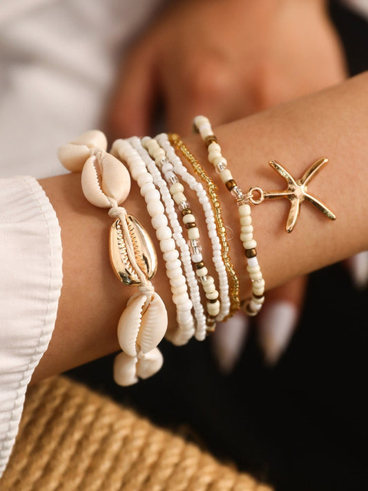 7Pcs Bohemian Style Beaded Bracelet Set with Conch Shell and Starfish Pendant for Women