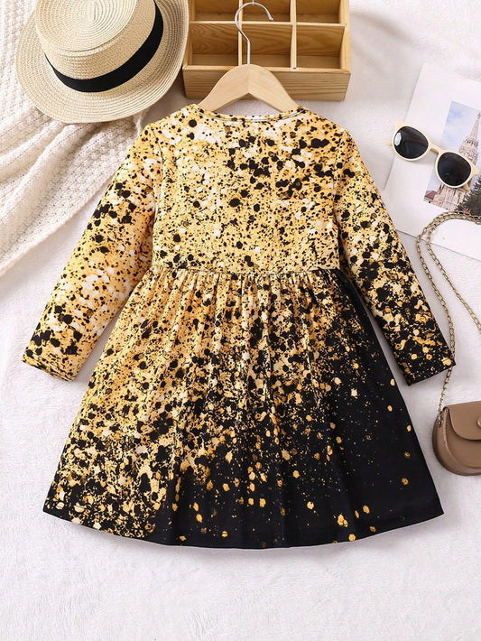 Little Girls' Full Print round Neck Long Sleeve Dress