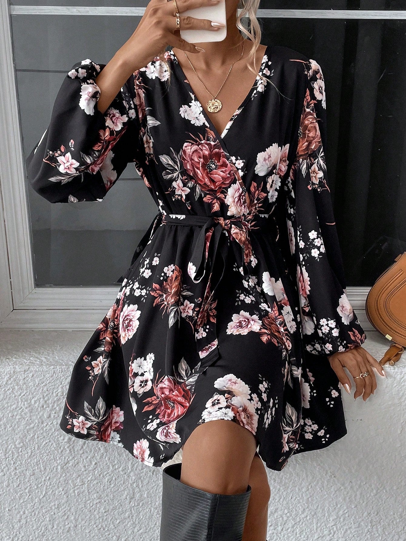 Floral Print Lantern Sleeve Belted Dress