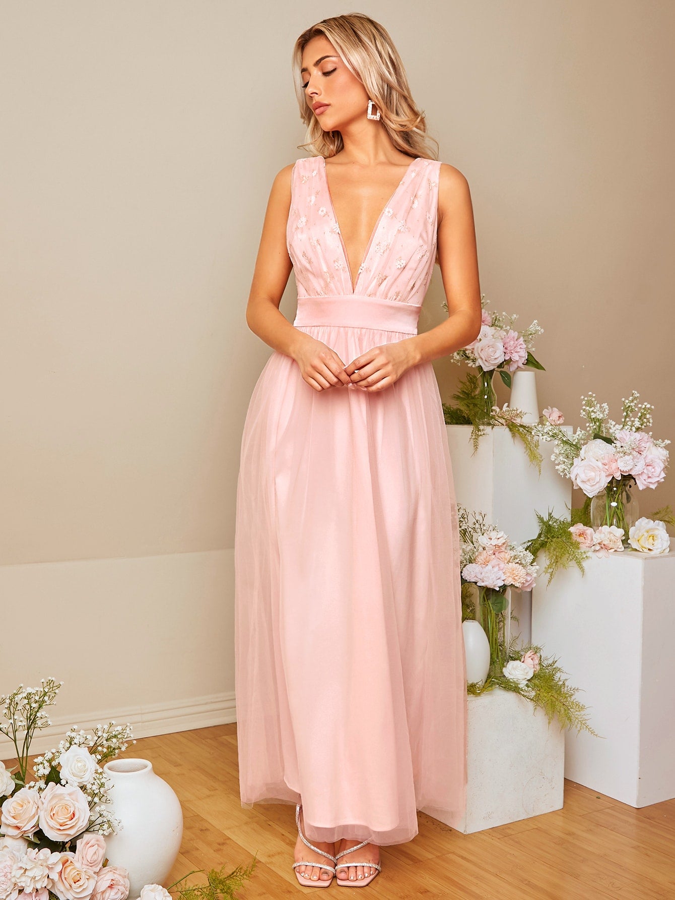 SHEIN Belle Plunging Neck Tie Backless Mesh Overlay Bridesmaid Dress