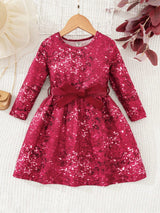 SHEIN Kids CHARMNG Young Girl Allover Sequin Effect Print Belted Dress