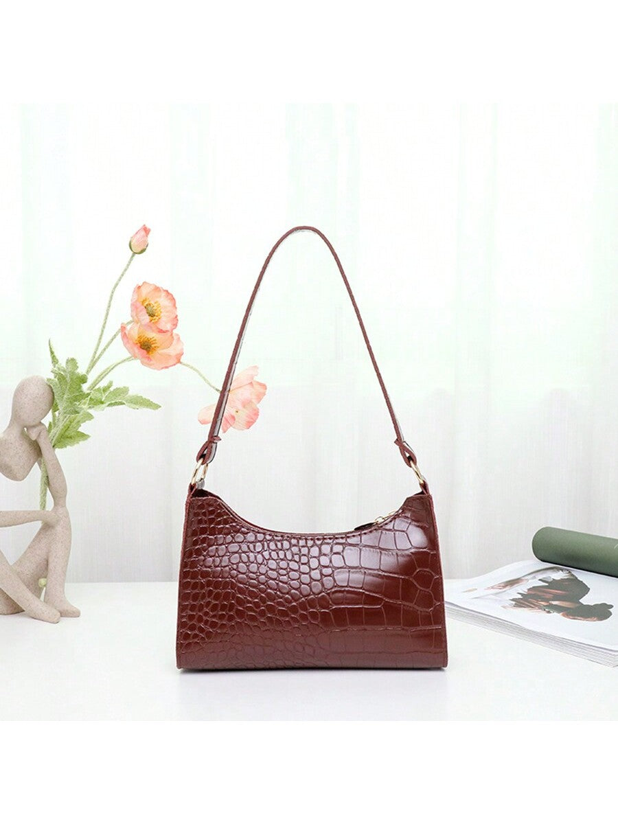 1 Piece Fashionable Crocodile Pattern Women'S Shoulder Bag, Simple Classic Stone Pattern Waterproof PU Leather Armpit Bag, Women'S Trendy Multi-Functional Casual Handbag Mobile Phone Bag Cosmetic Bag Wallet