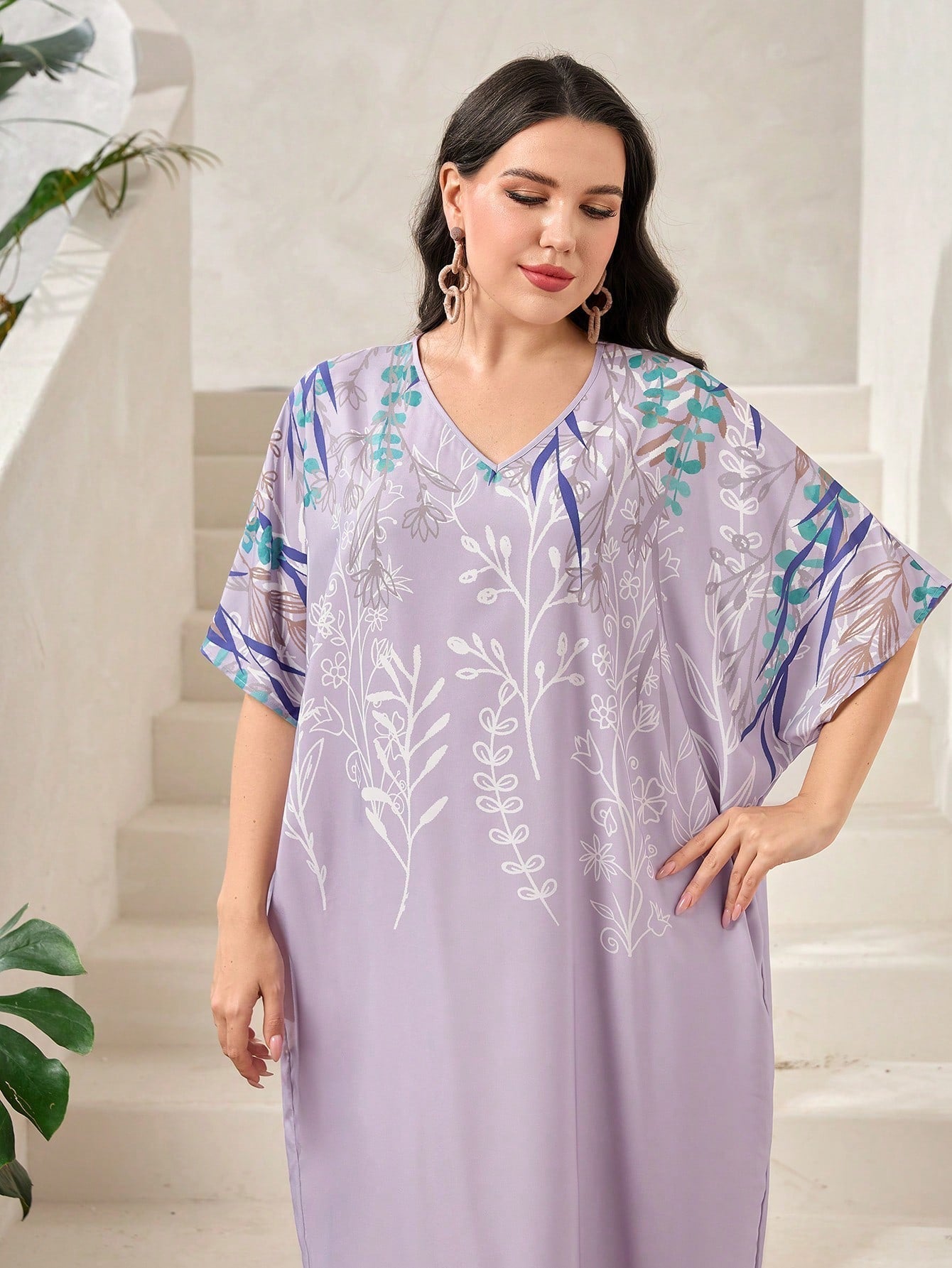 SHEIN Mulvari plus Floral Print Batwing Sleeve Dress
