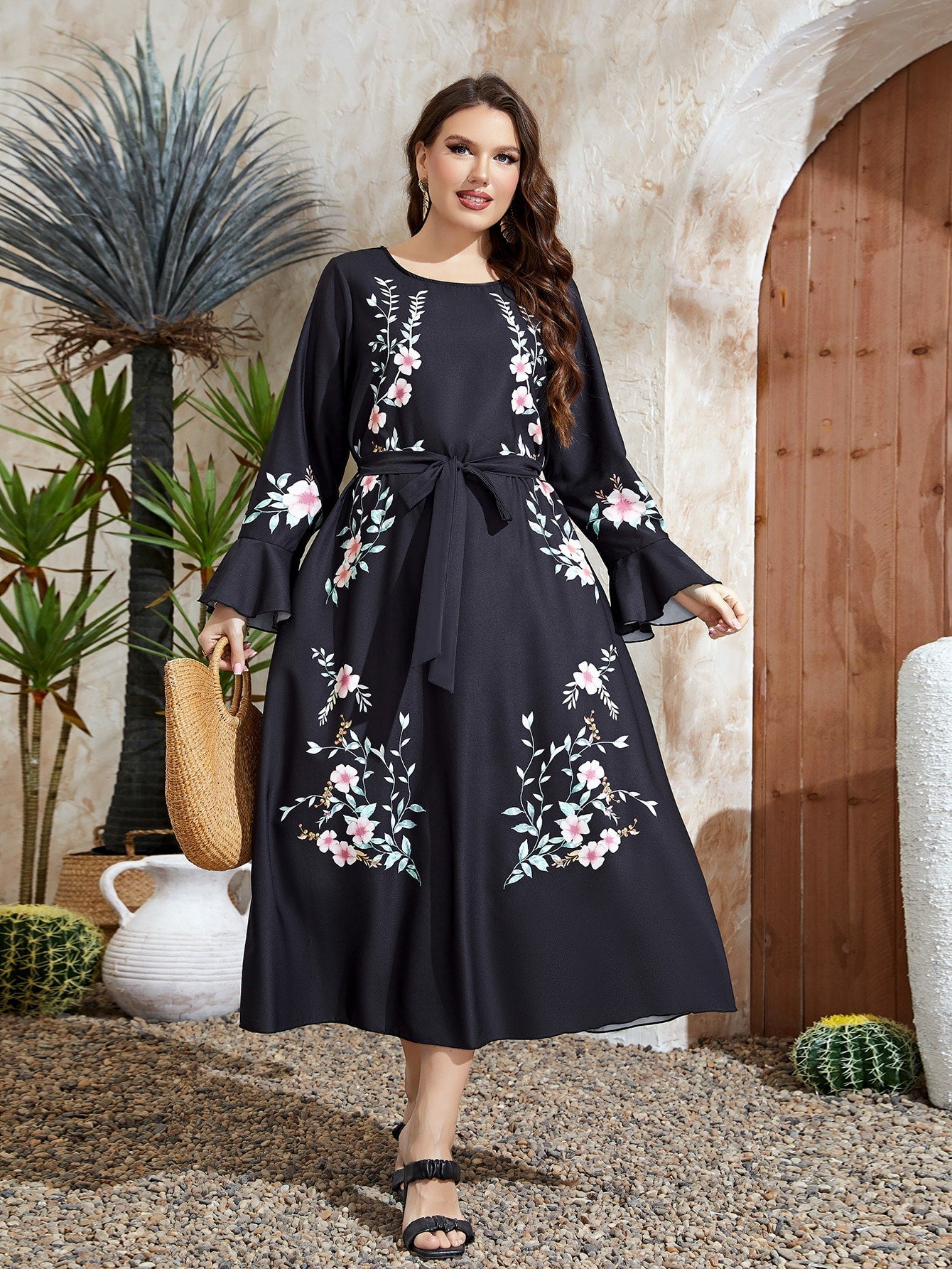 SHEIN Najma plus Floral Print Flounce Sleeve Belted Dress