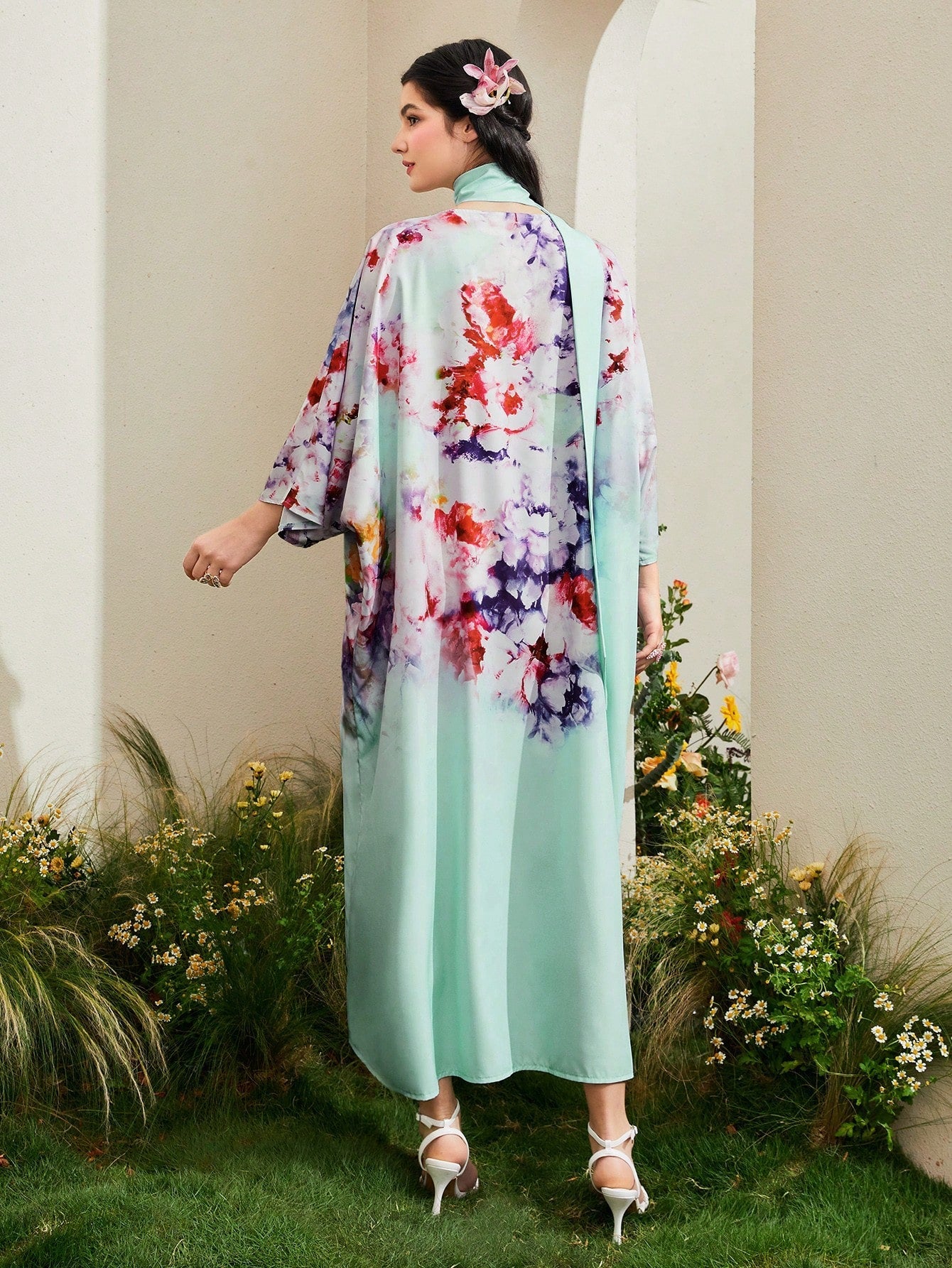 SHEIN Najma Floral Print Batwing Sleeve Dress with Scarf