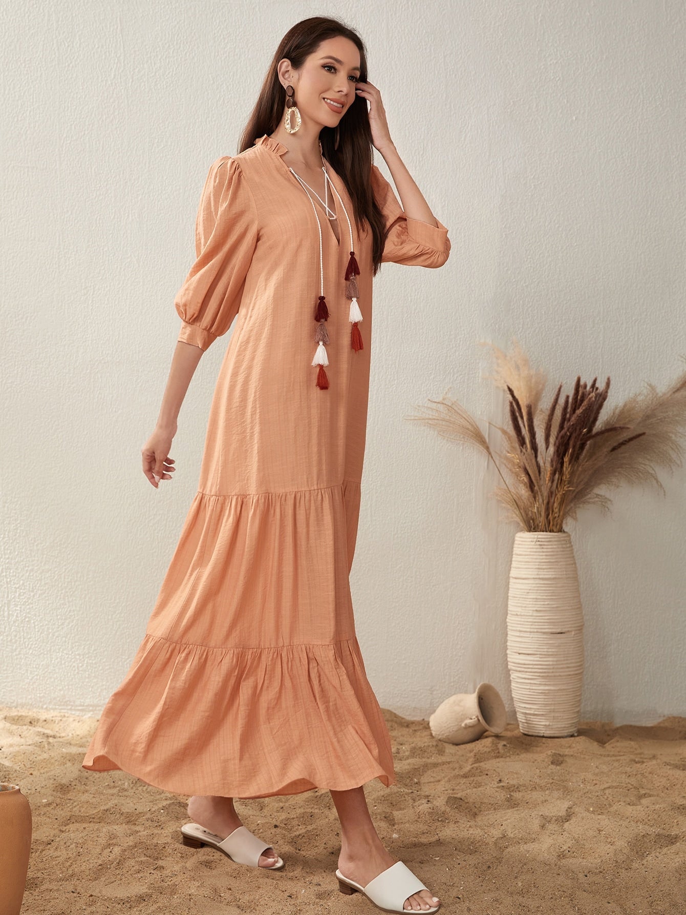 SHEIN Mulvari Fringe Detail Flounce Hem Smock Dress