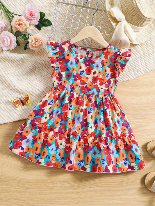 SHEIN Kids SUNSHNE Young Girl Flower Printed Vacation Dress with Ruffle Hem and round Neck for Summer