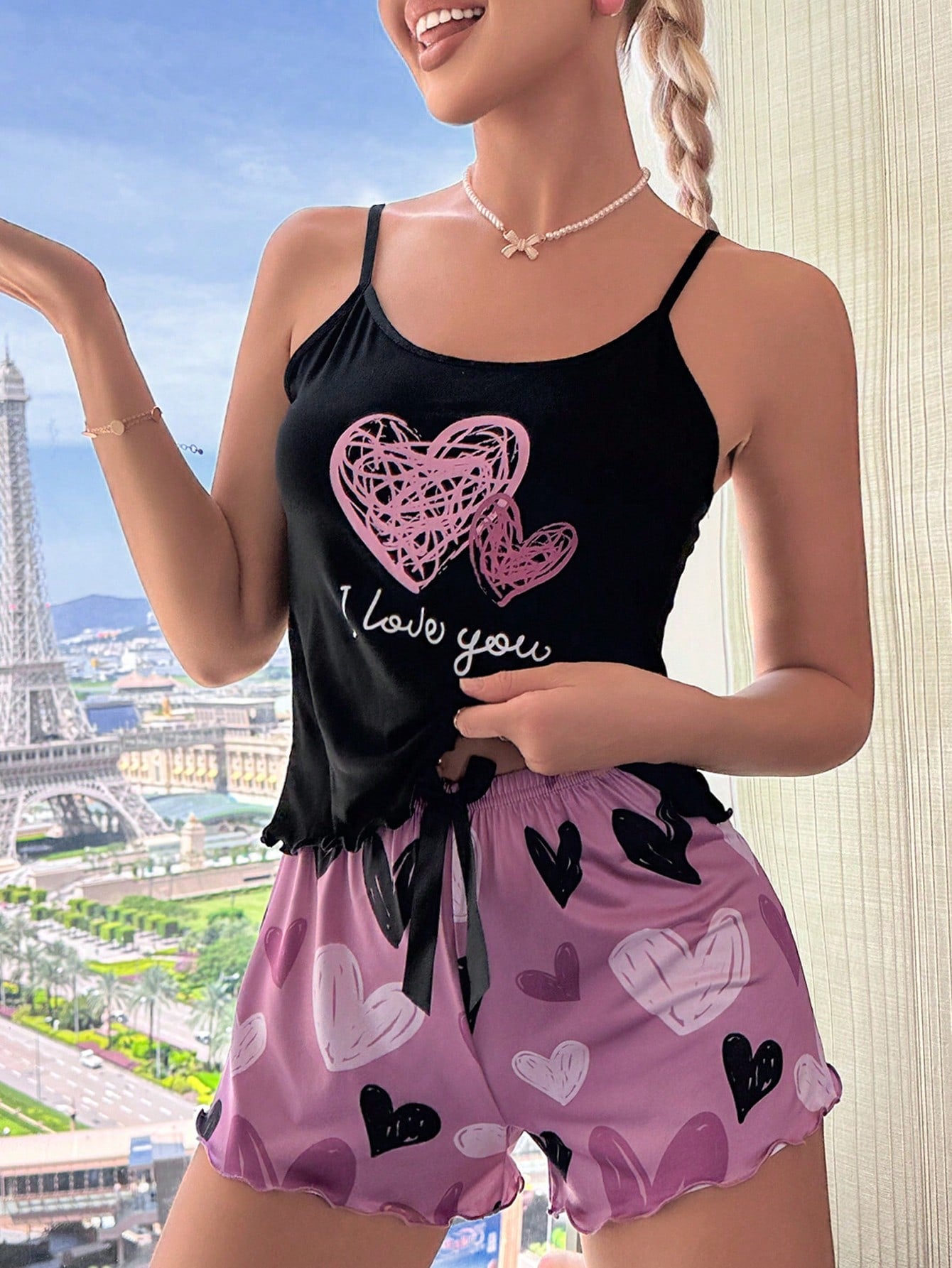 Heart & Letter Graphic Lettuce Trim PJ Set