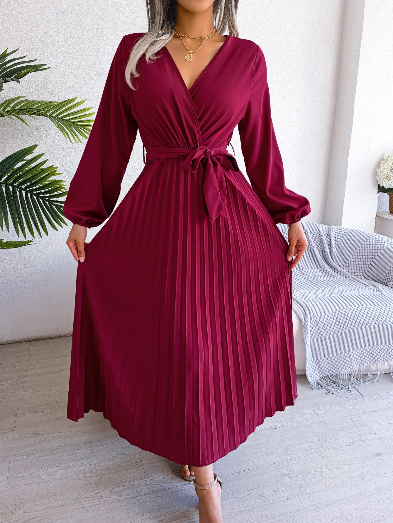 Surplice Neck Lantern Sleeve Pleated Hem Belted Dress