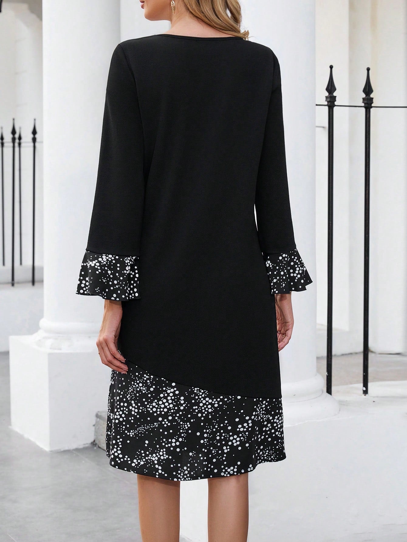 EMERY ROSE Women'S Polka Dot Decorated Long Sleeve Dress