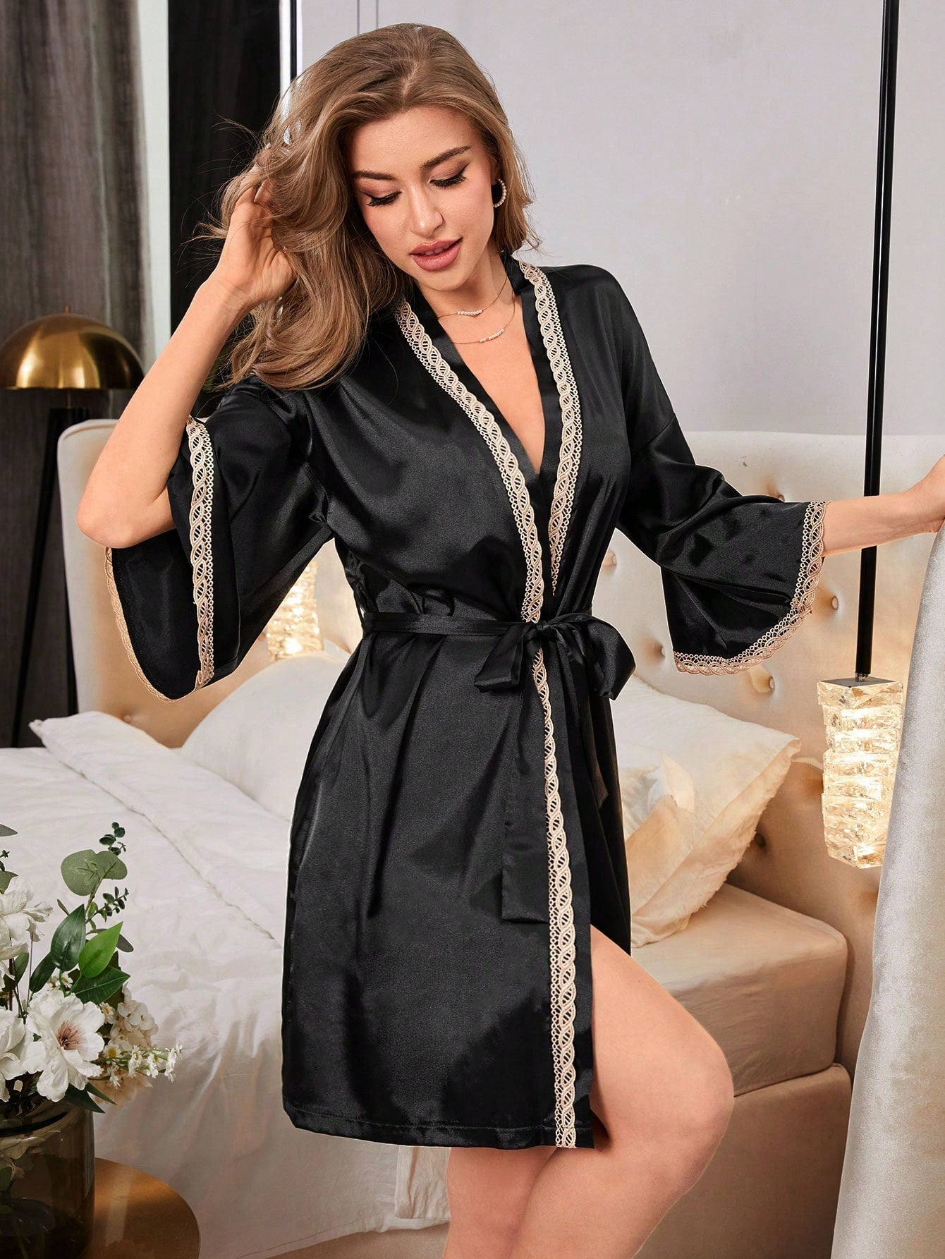 Women'S 3/4 Sleeve Bathrobe with Belt