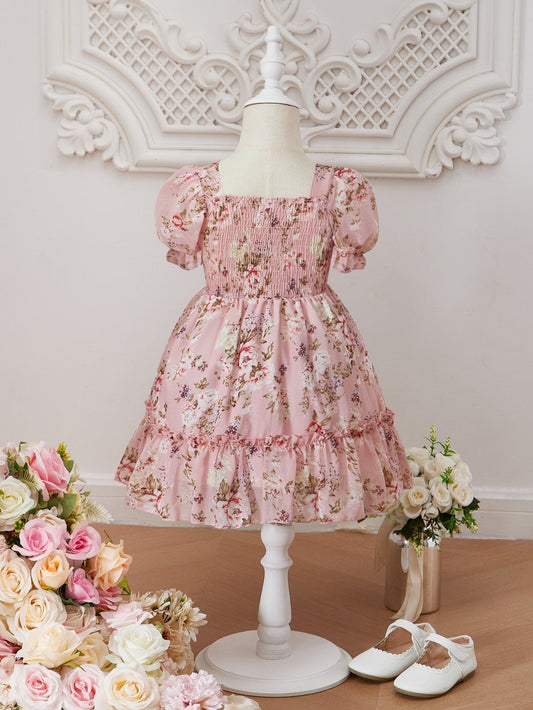 SHEIN Kids SUNSHNE Young Girl Pink Lotus Printed Romantic Holiday Dress with Square Neckline and Puff Sleeves, Summer