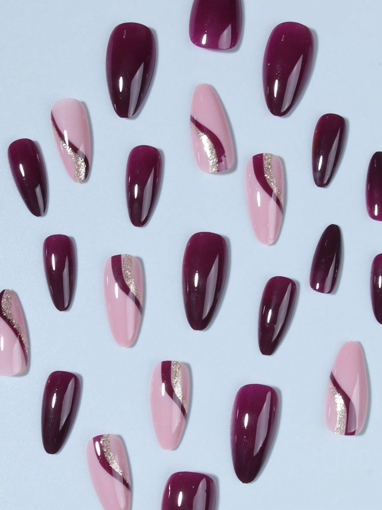 Elevate Your Style With,24Pcs Long Almond Stripe Design Fake Nail Set,Contain 1Pcs Jelly Glue and 1Pcs Nail File, for Daily Wear by Women and Girls