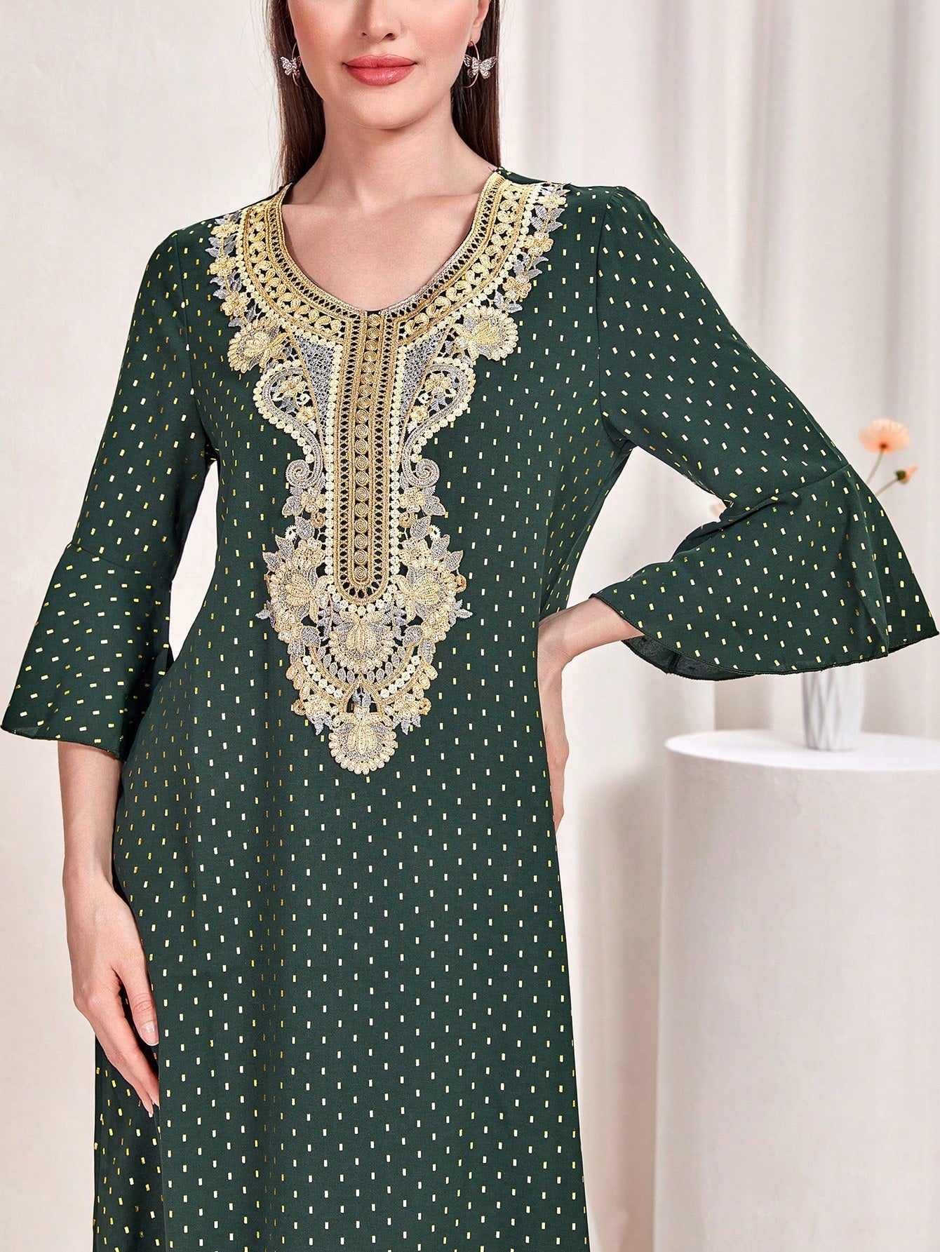 SHEIN Najma Appliques Flare Sleeve Dress