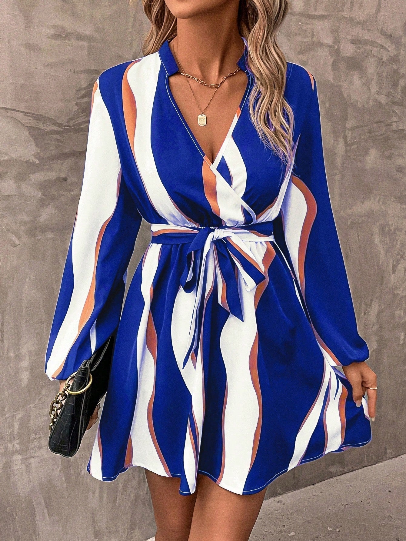 Women'S Color Blocking Wrap Belted Dress