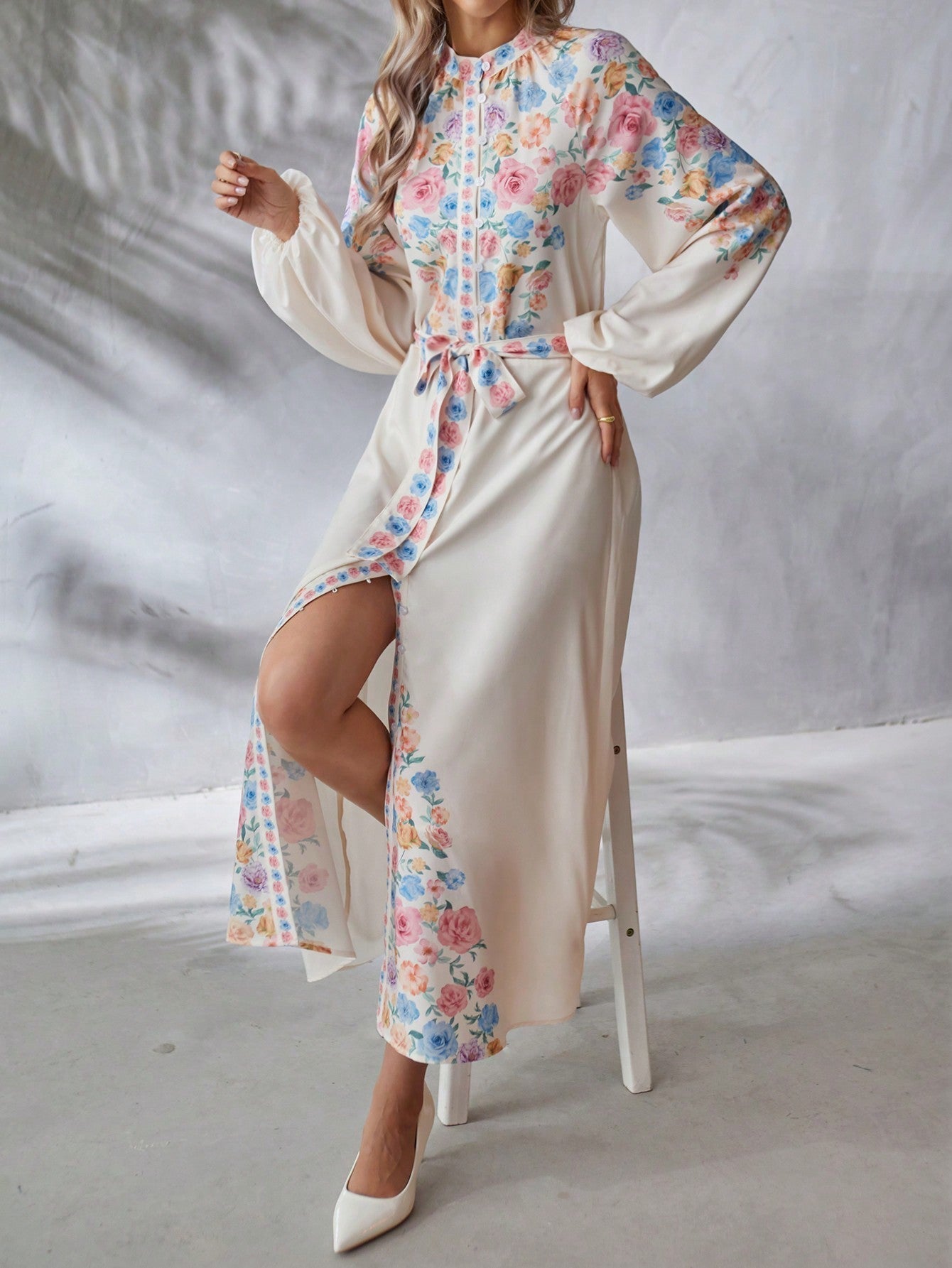 SHEIN VCAY Floral Printed Long Sleeve Belted Dress for Women