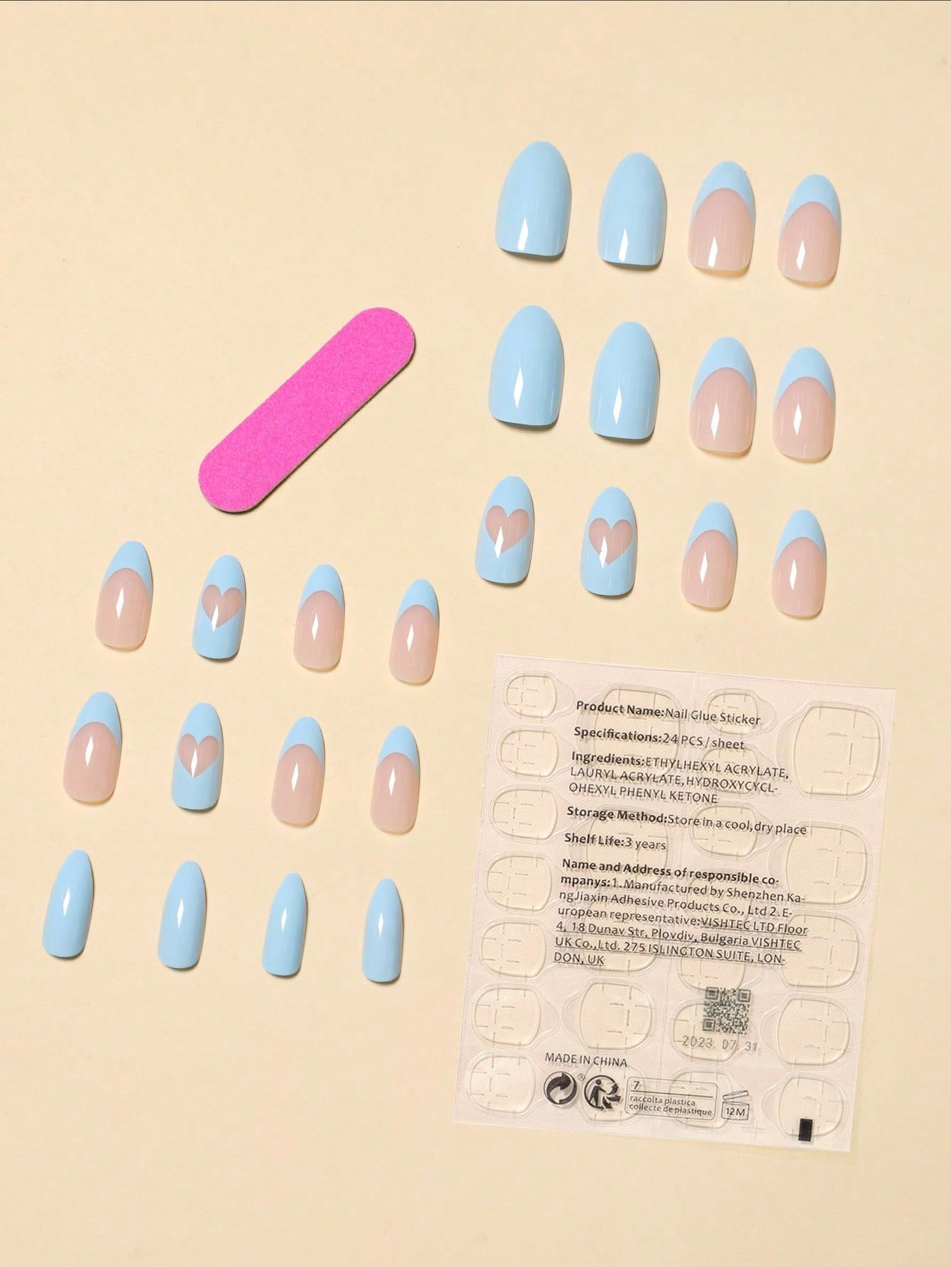 24Pcs/Set Extra Long Pointed Shape Ins Style Minimalist French Nail Design in Pink & Blue Color with 1 Nail File and 1 Jelly Gel