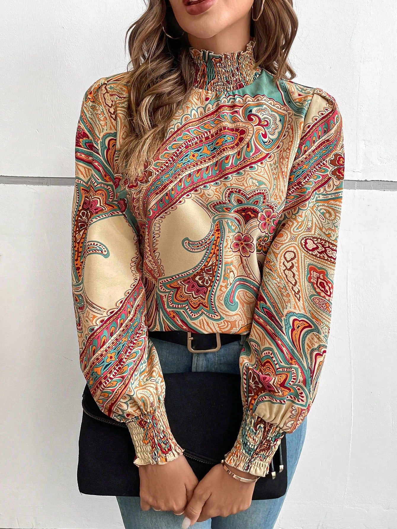 SHEIN LUNE Paisley Print Mock Neck Lantern Sleeve Blouse