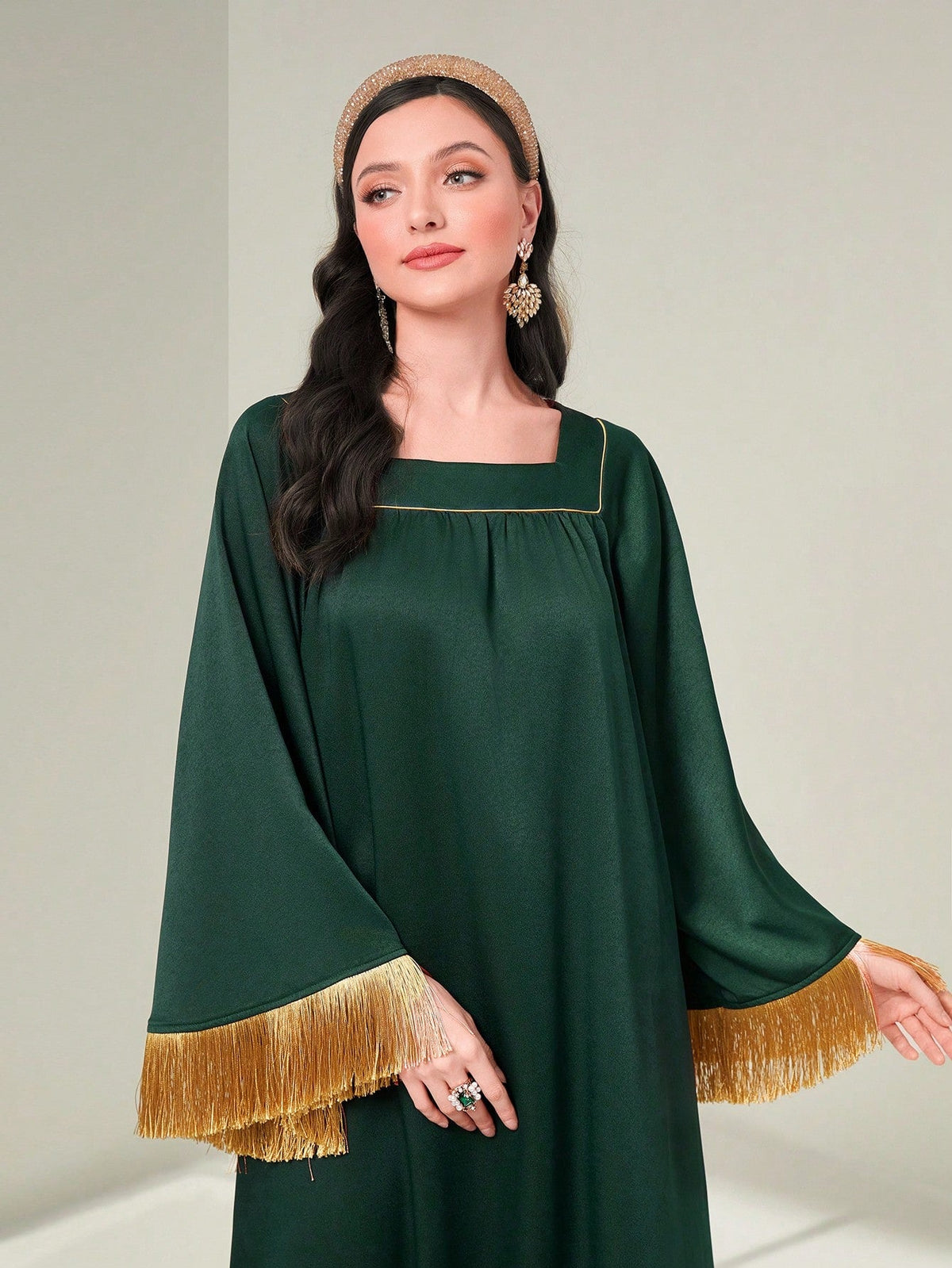 SHEIN Najma Square Neck Fringe Trim Dress
