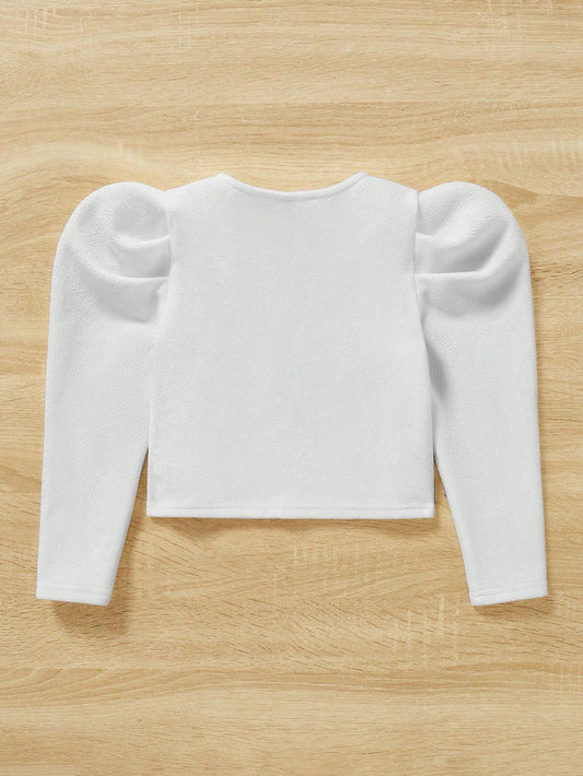 SHEIN Young Girl Pearls Beaded Detail Puff Sleeve Jacket