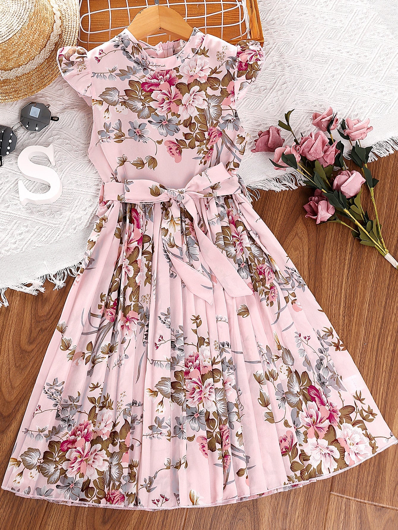 Teen Girls Floral Print Butterfly Sleeve Pleated Hem Belted Dress