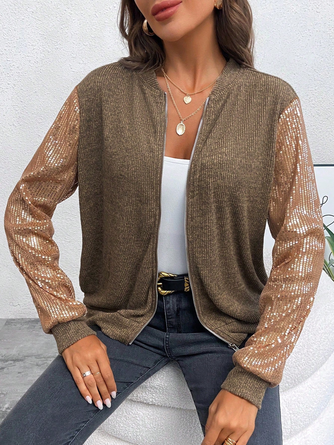SHEIN LUNE Contrast Sequin Zip up Bomber Jacket